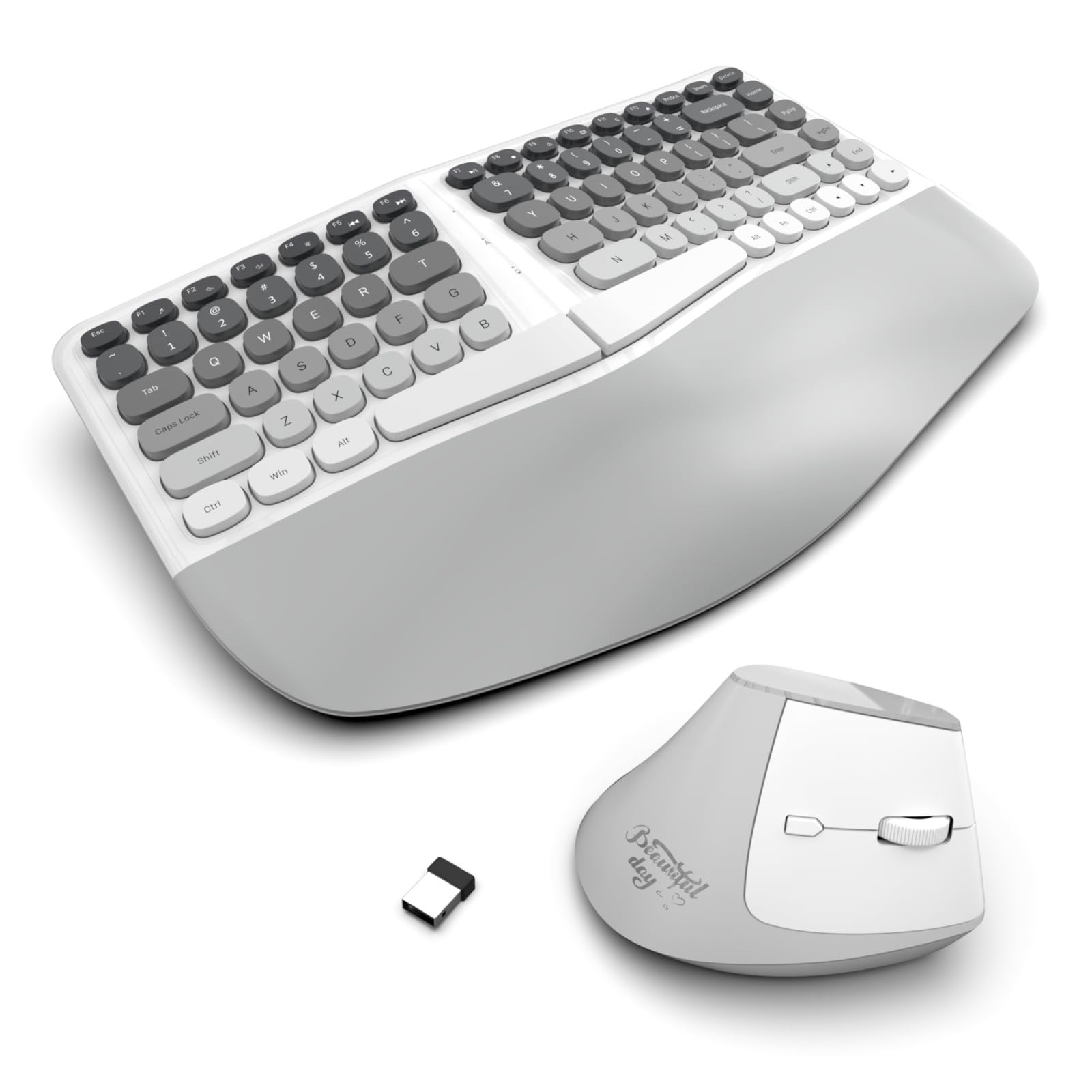 Ergonomic Wireless Keyboard and Mouse Set Creamy Wireless Keyboard Silent Mic…