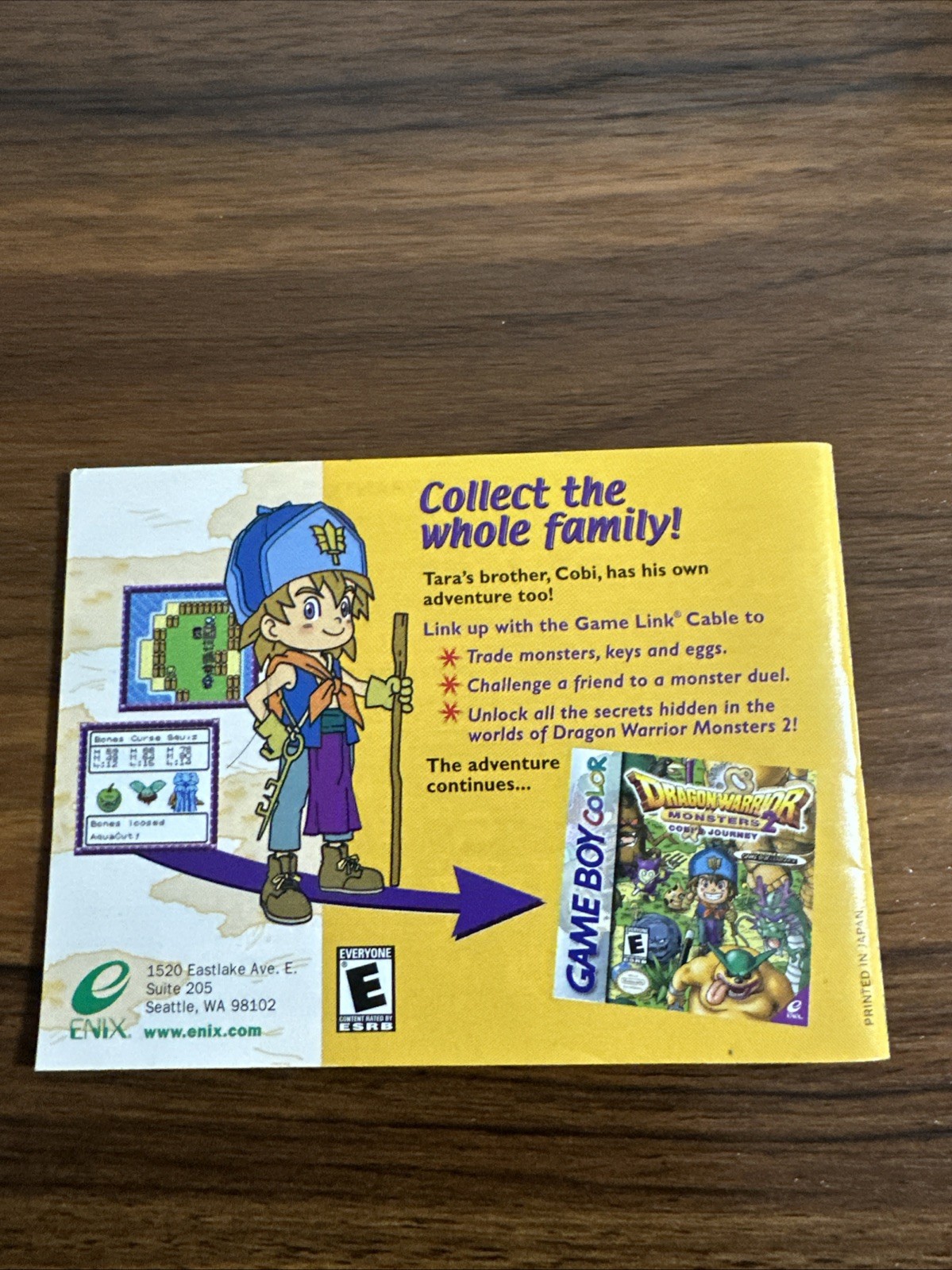 Dragon Warrior Monsters 2: Tara’s Adventure GameBoy Color GBC Manual Only