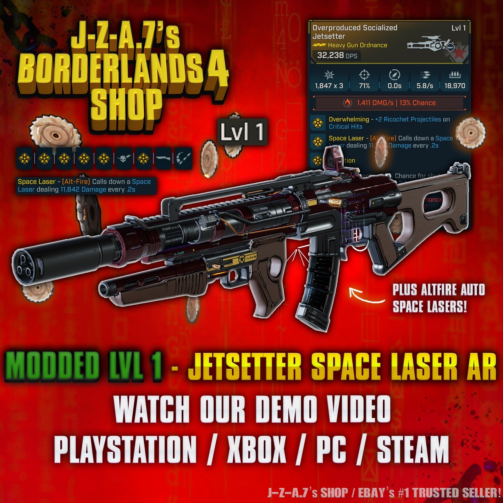 Borderlands 4✨ MODDED LVL 1 ONE 32K DPS JETSETTER LASER RIFLE BL4 ✅PC-PS-XBOX✨