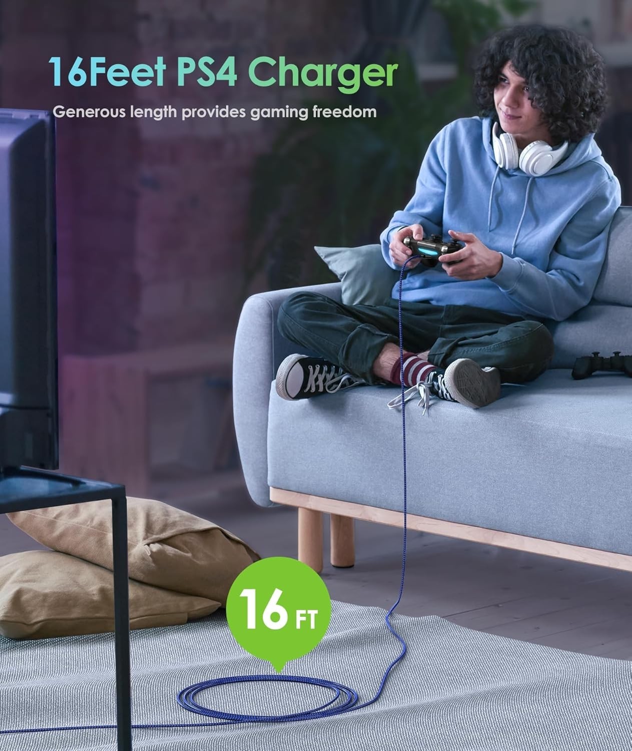 16 FT PS4 Controller Charger Charging Cable, Nylon Braided Extra Long Micro U…