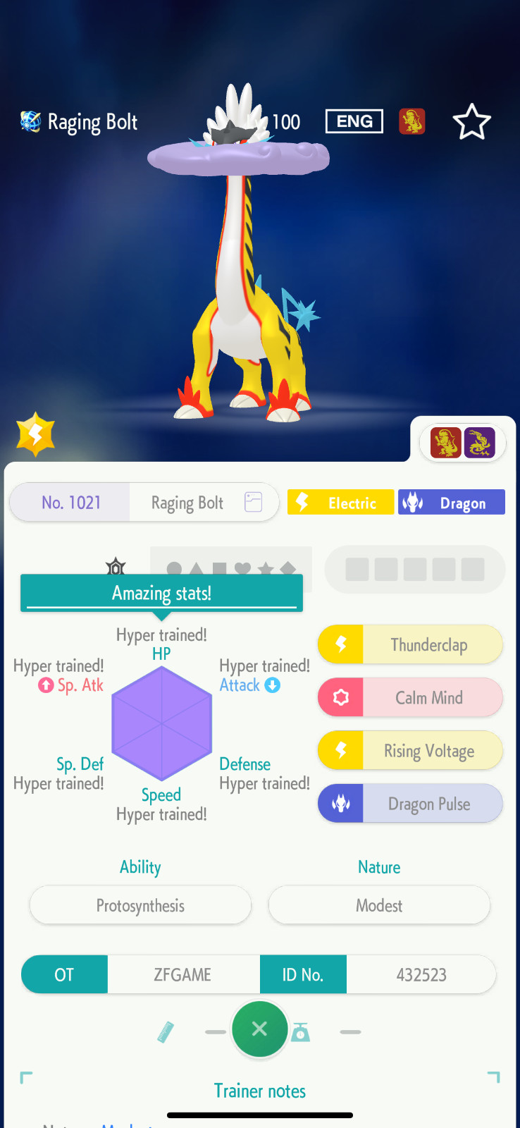 ✨6IV Normal Raging Bolt + EVS🚀 POKEMON HOME✨Champions✨Online delivery⚡