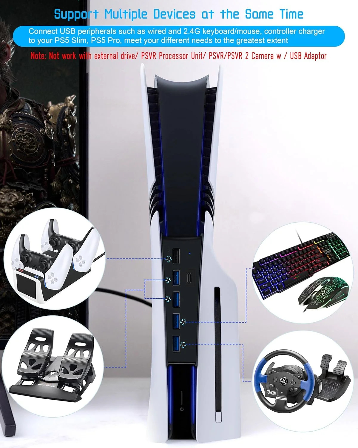 USB Hub for PS5 Pro Slim 6 Port High-Speed Expander Splitter 4 USB-A Type C Blac