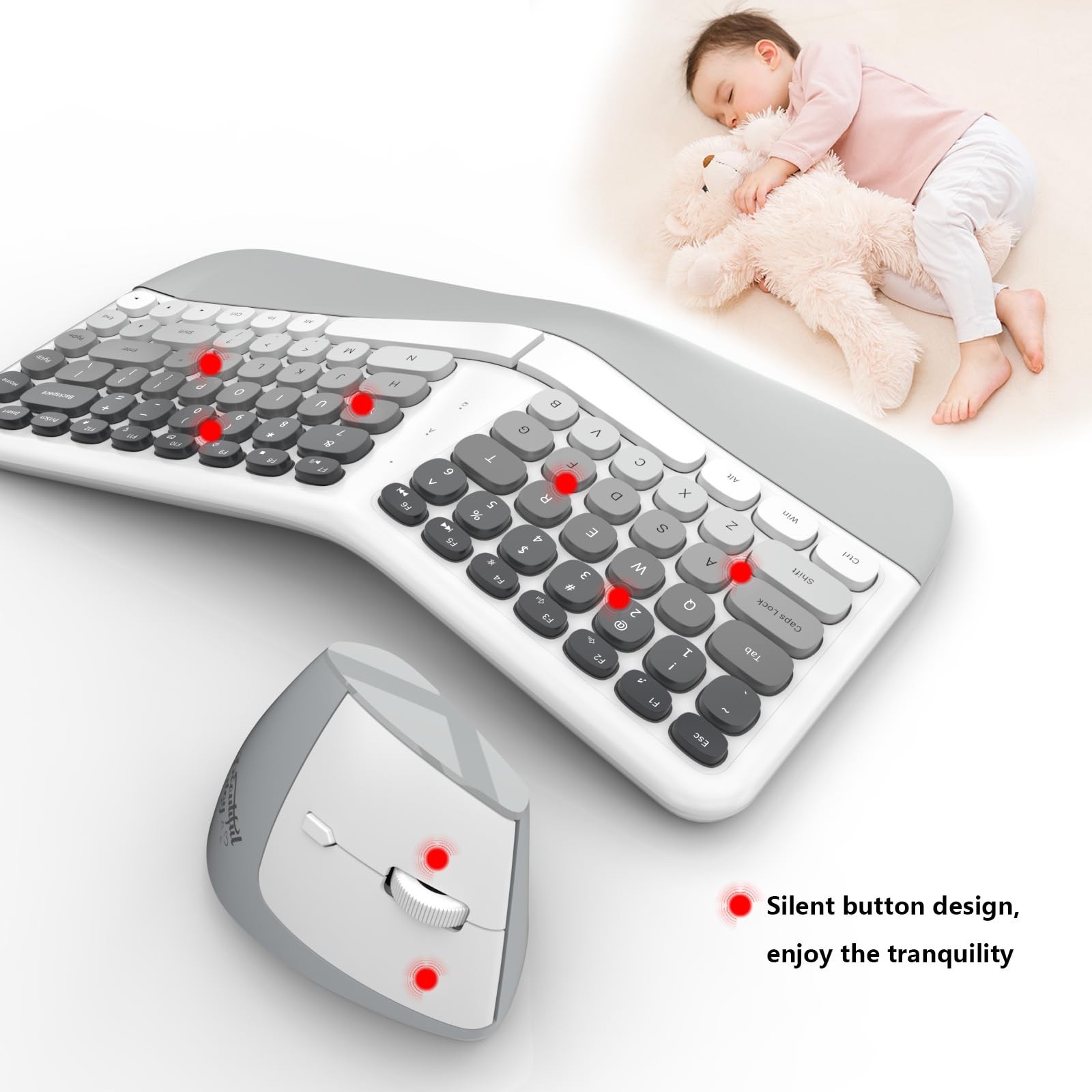 Ergonomic Wireless Keyboard and Mouse Set Creamy Wireless Keyboard Silent Mic…