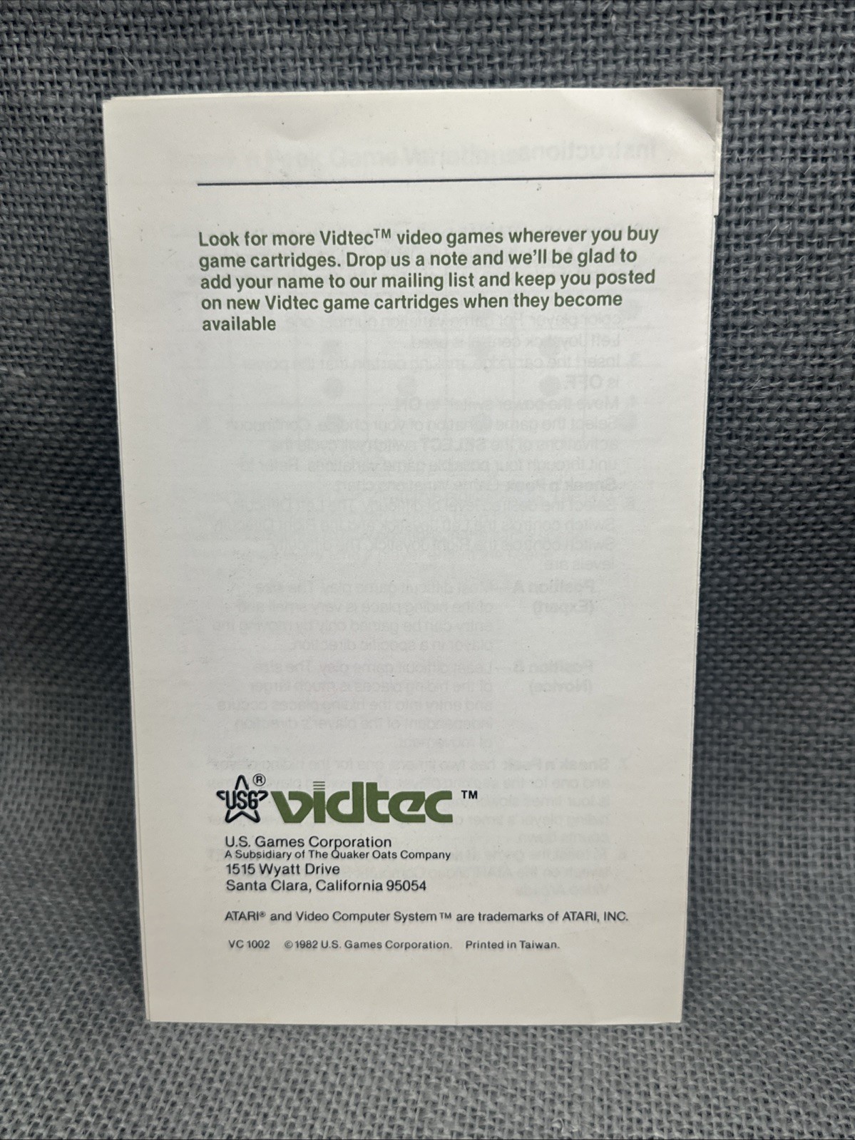 Atari 2600 Sneak’n Peek from Vidtec Instructions only