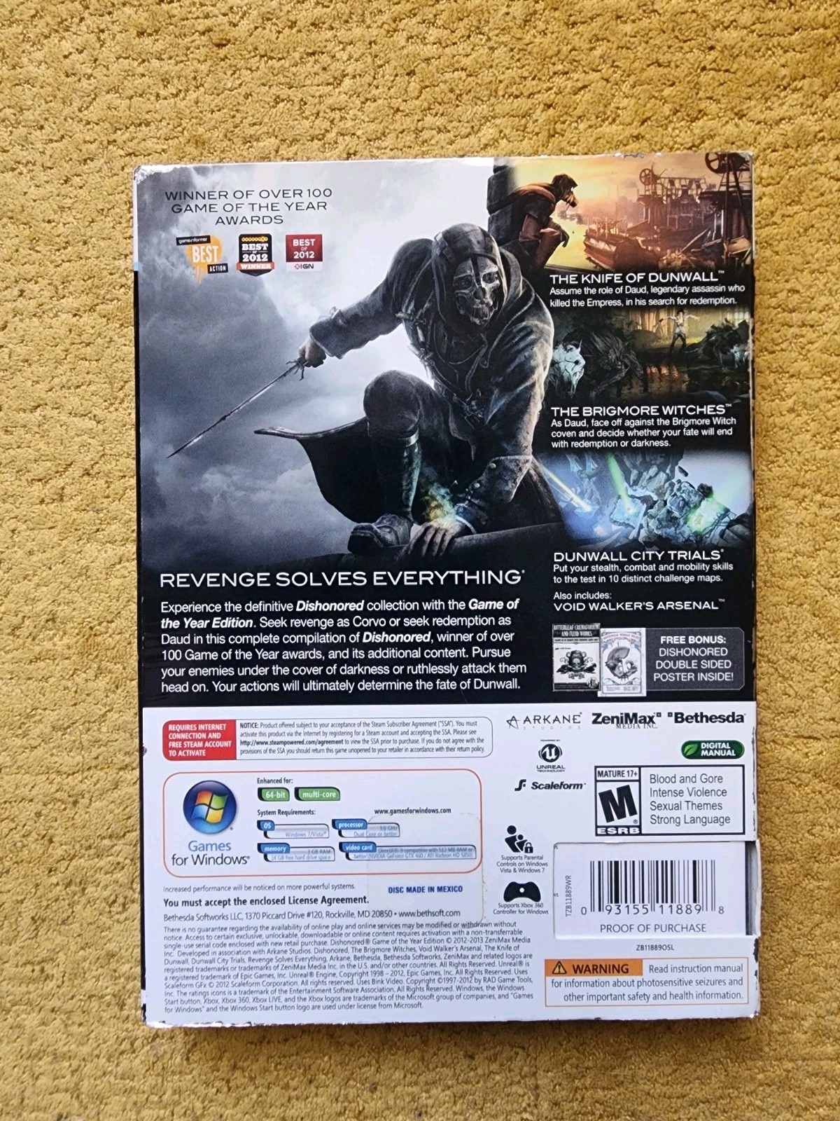 Dishonored Game of the Year Edition w/Steam Key PC Windows CIB w/ Poster