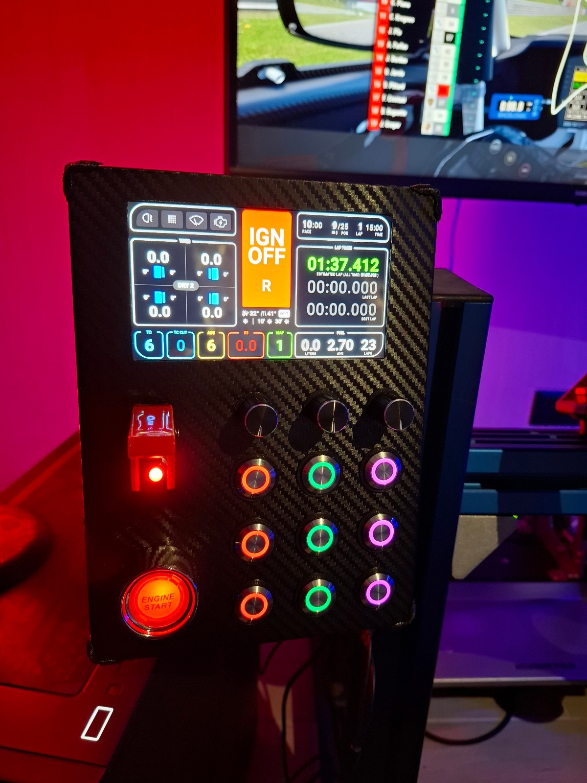 Simracing Buttonbox Display Dashboard 5″ RGB Metal Buttons Light Lever Start ENG
