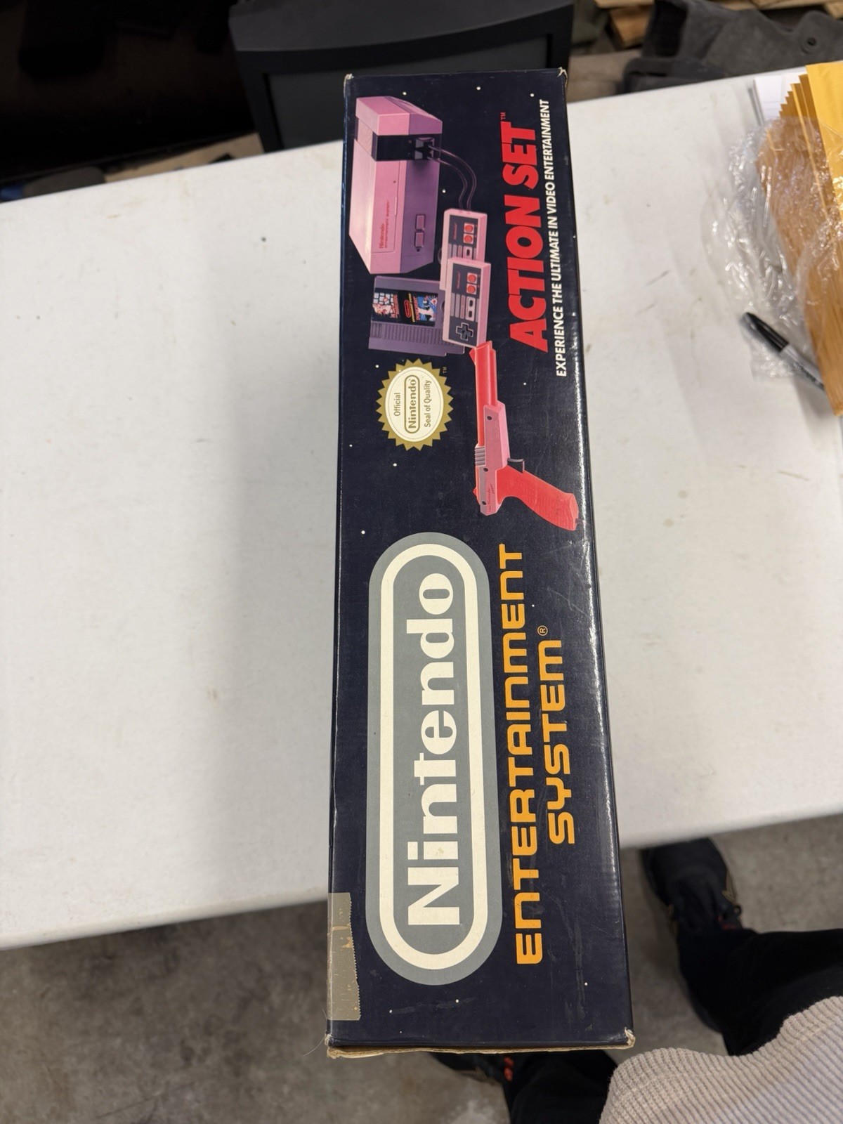 NES Action Set Box with Styrofoam, Console, Controllers, Hookups.
