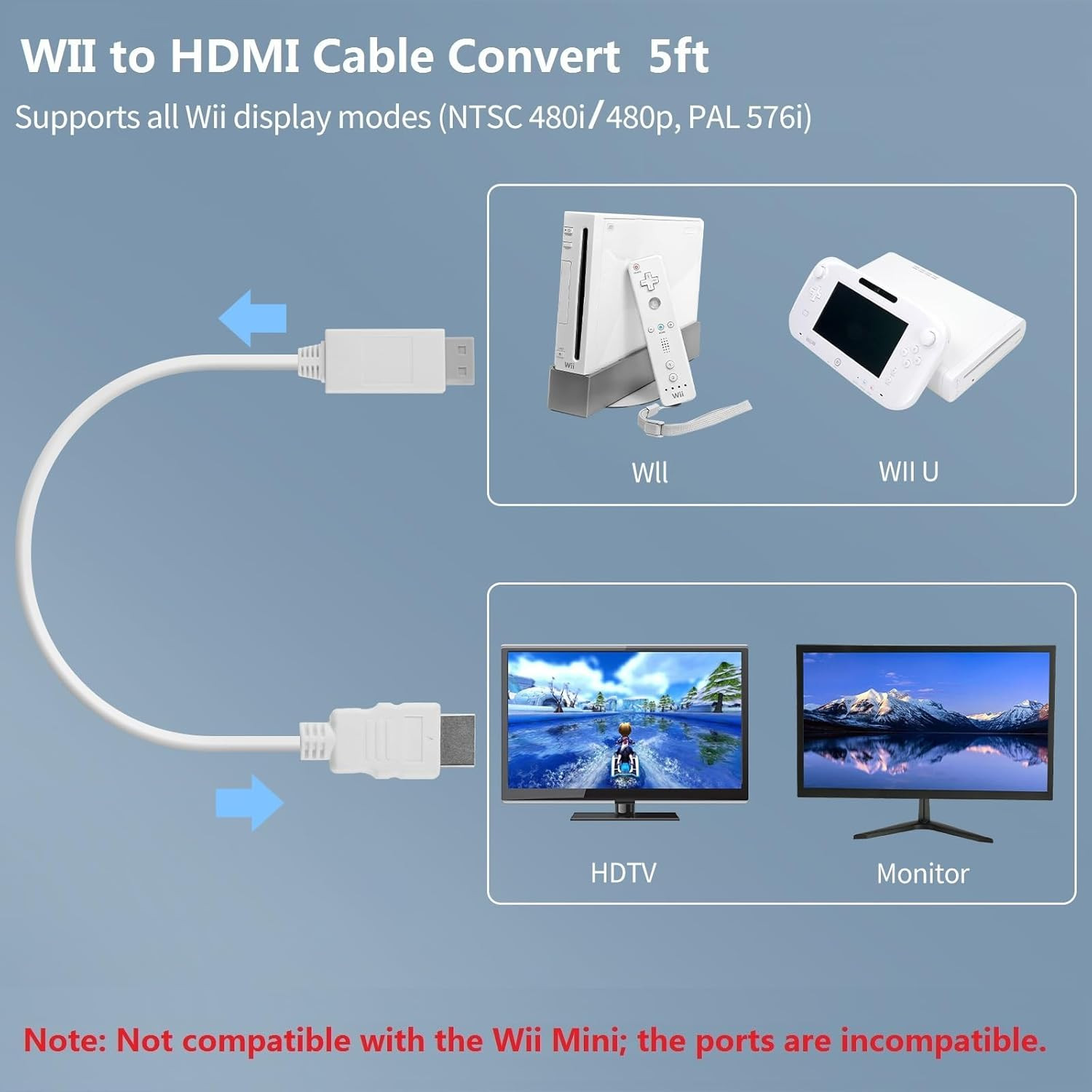 5Ft WII to HDMI Converter Cable Adapter,For Use with Full HD 1080P Devices