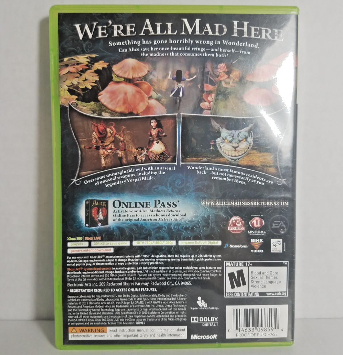 Alice: Madness Returns Xbox 360 Case Disk 2011 Electronic Arts