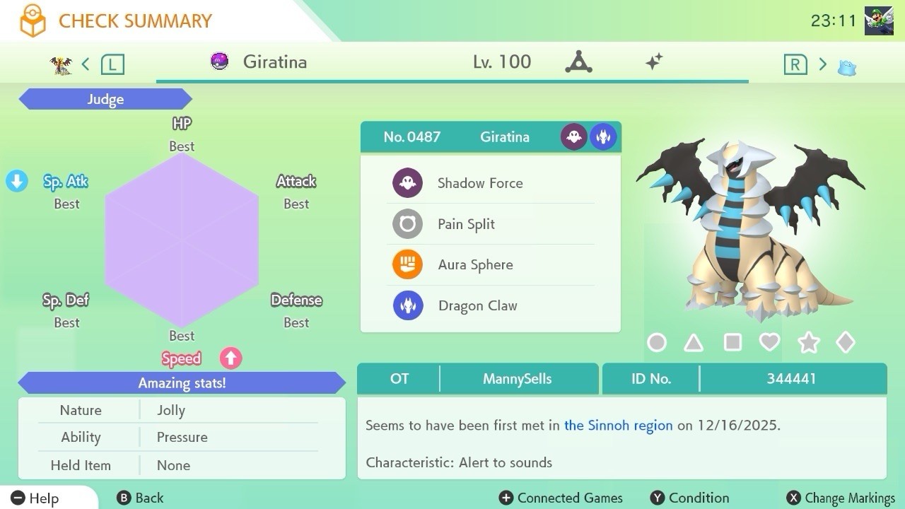 BDSP Caught Legendaries Shiny/Non Shiny, 6IV, Level 100, EVs 6HP 252ATK 252SPE