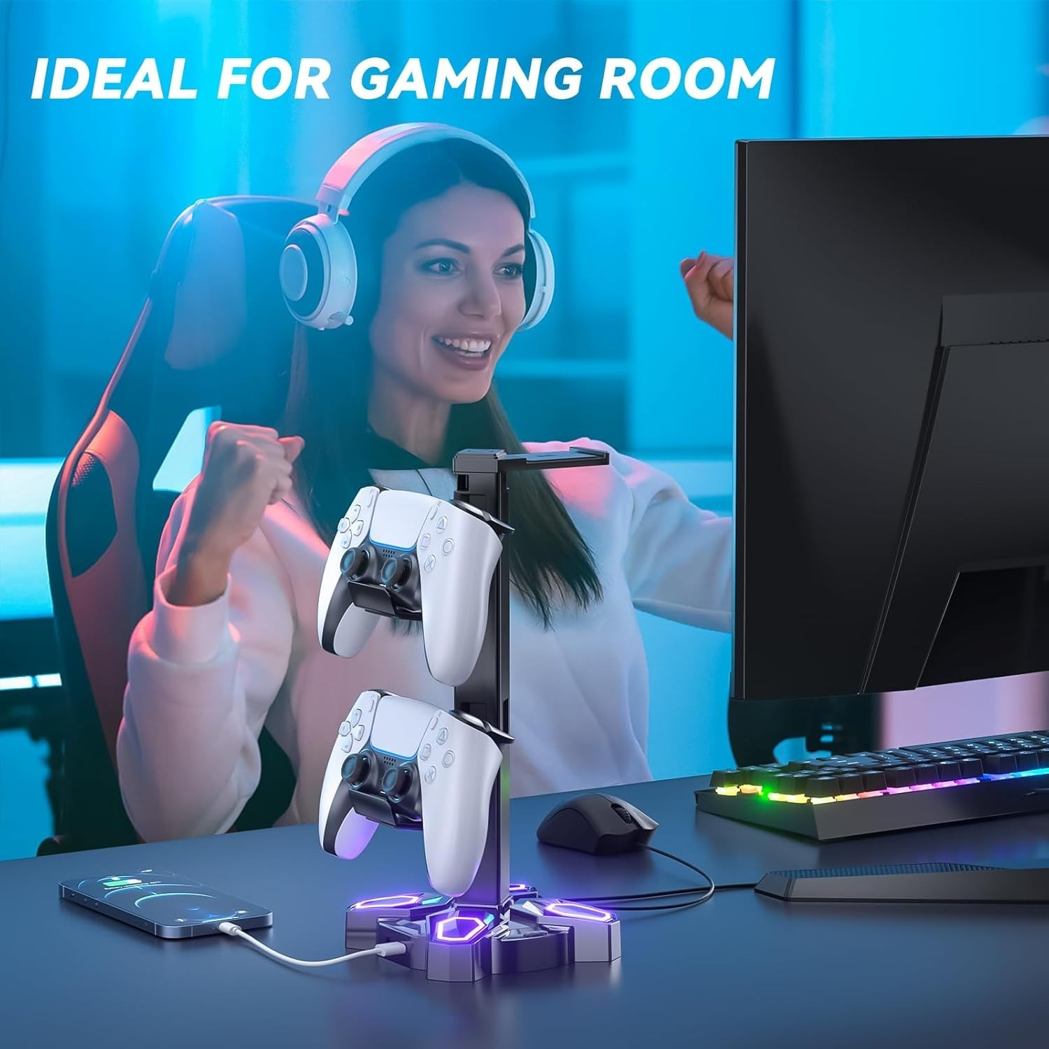 Stylish Rotating Gaming Headphone & Controller Holder with RGB Lights – Black