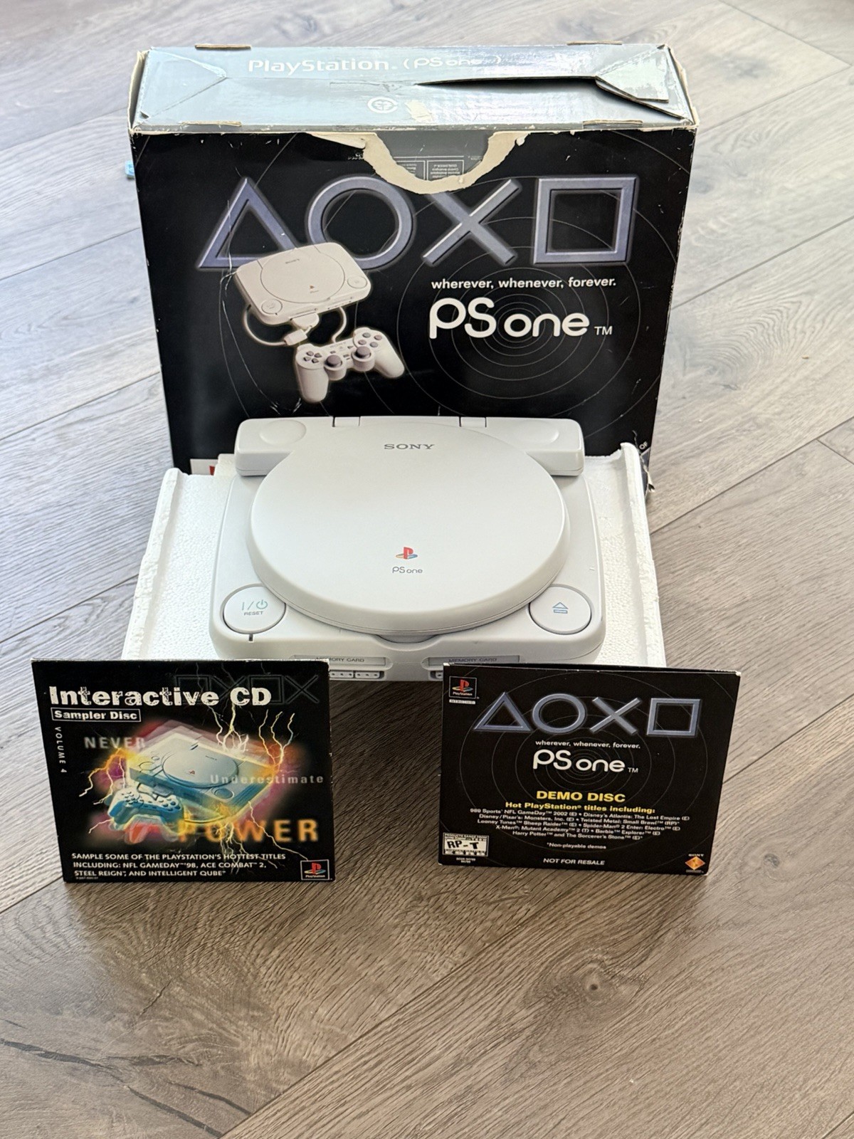 PSOne Console w/ LCD Screen + Box + Demo Discs TESTED & WORKS NWOB OPEN BOX
