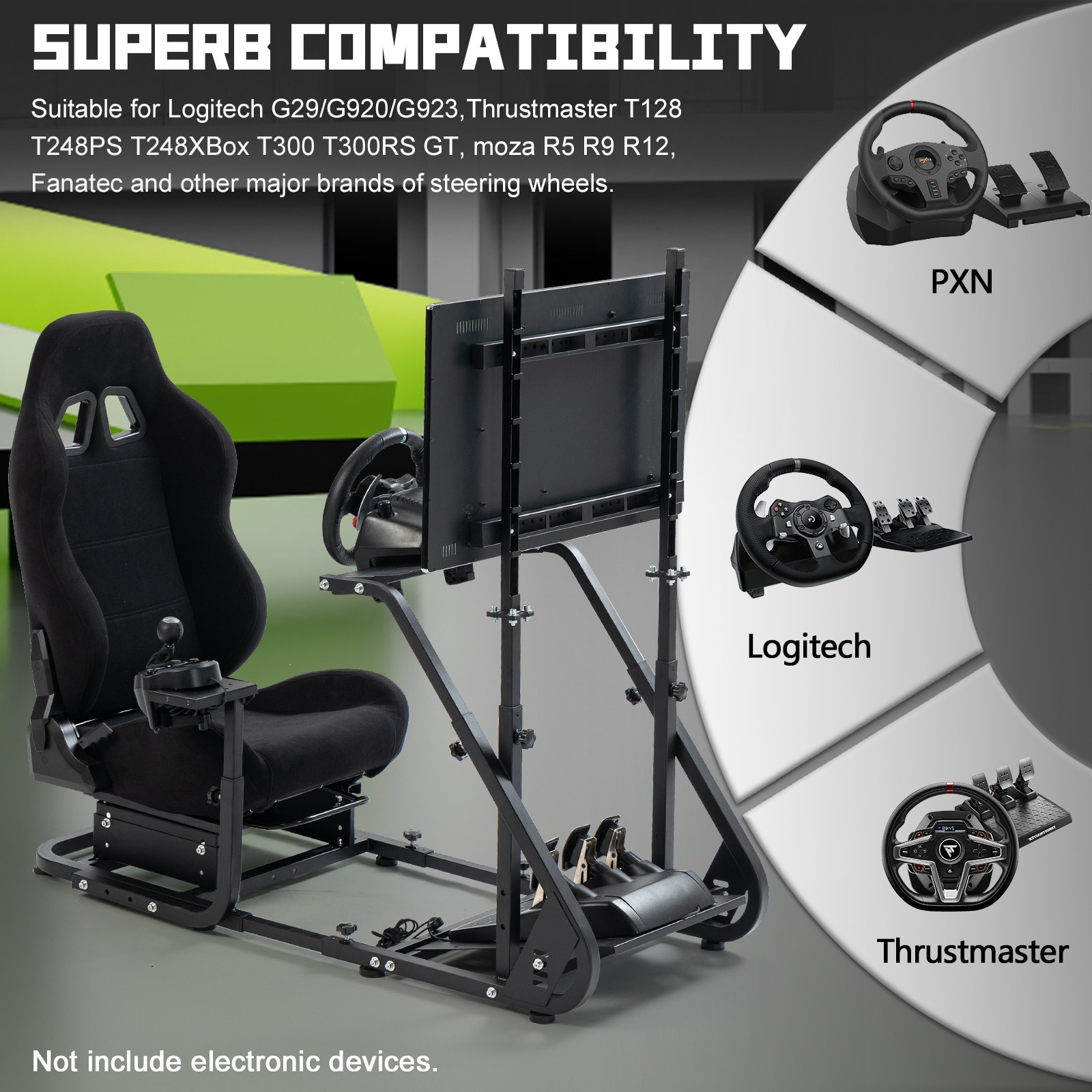 Hottoby Racing Simulator Cockpit With Black Seat & Monitor Stand Fits Logitech