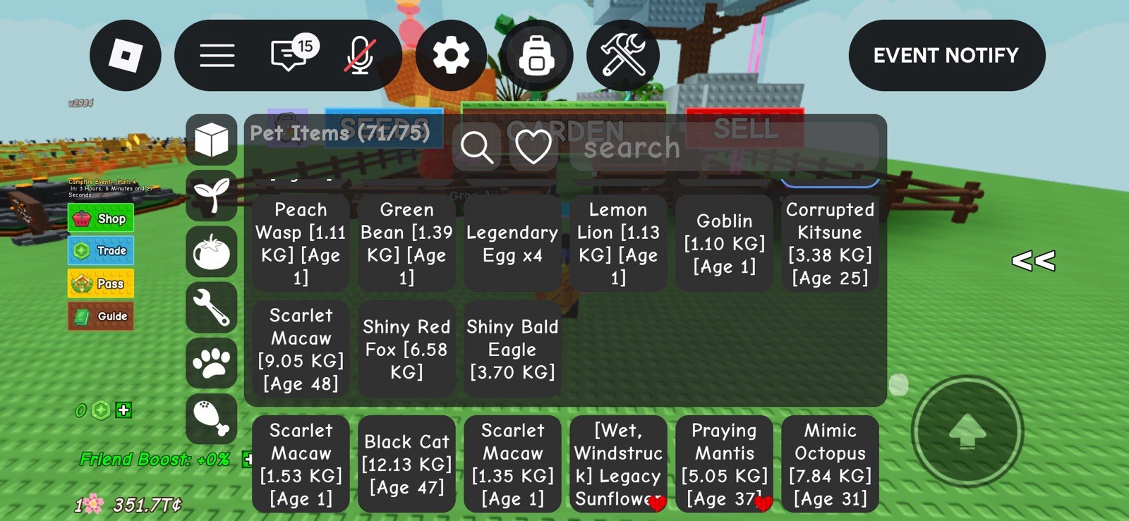 Roblox Grow a Garden Pet Items Inventory Screenshot In-Game Item Bee Kitsune