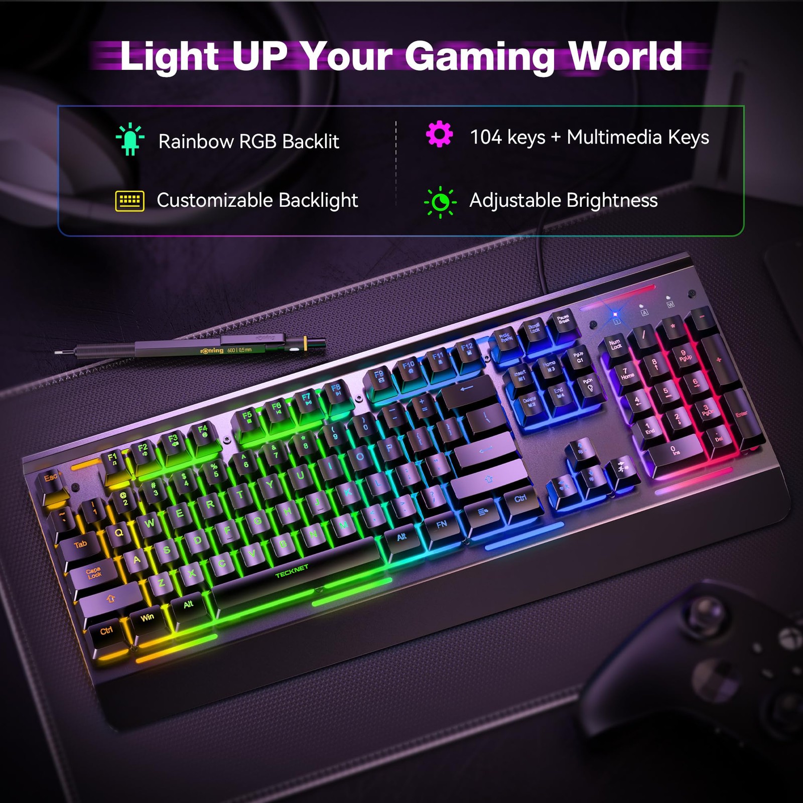 Tecknet Gaming Keyboard Usb Wired Computer Keyboard 15-Zone Rgb Illumination