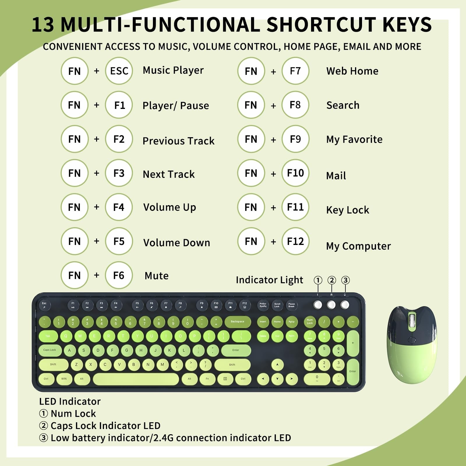 Wireless Keyboard and Mouse, MOFII 104 Round Keycaps Retro Typewriter with OT…