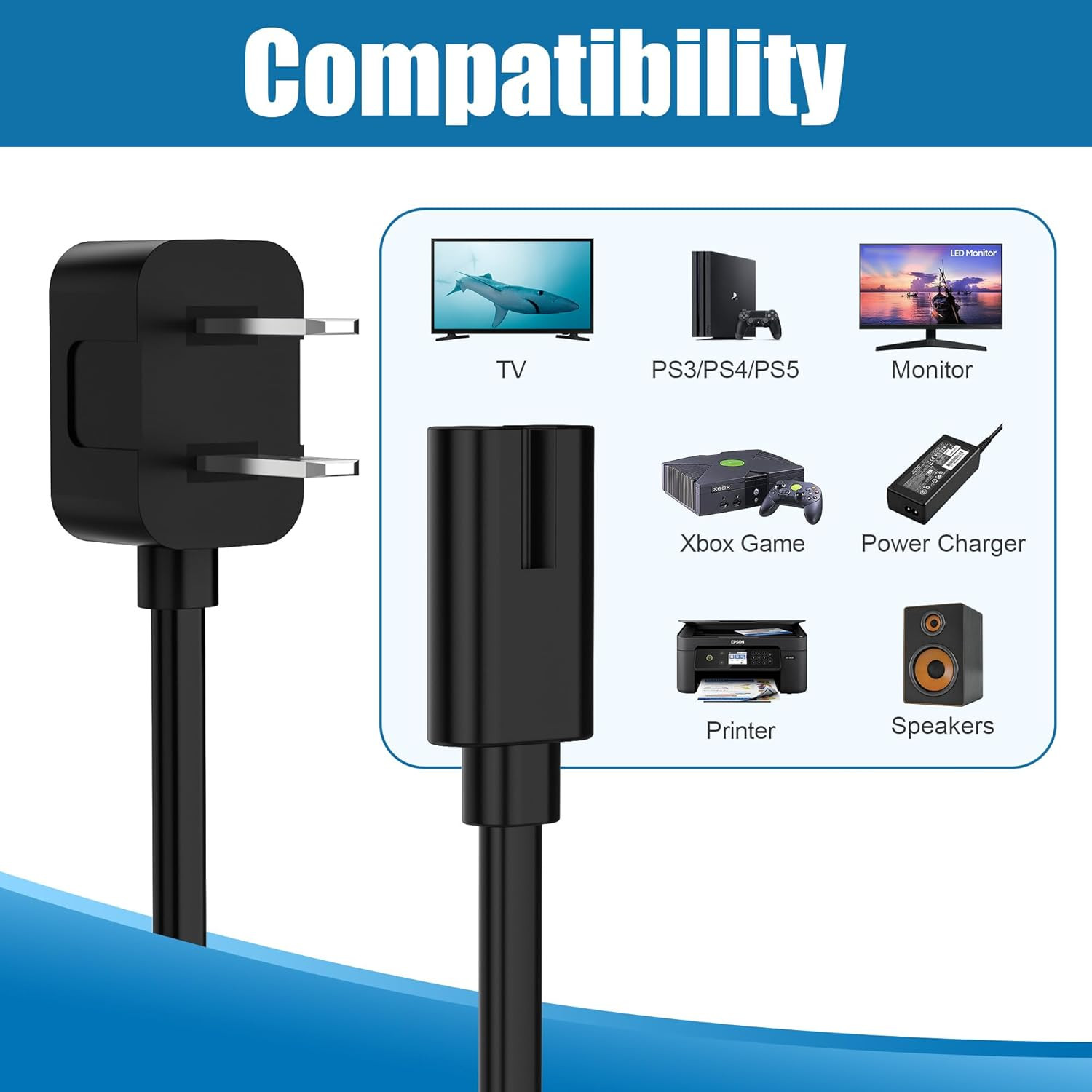 5Ft 90 Degree Power Cord for Sony PS5/PS3 Slim, Xbox Series S/X, Xbox One S/X, 2