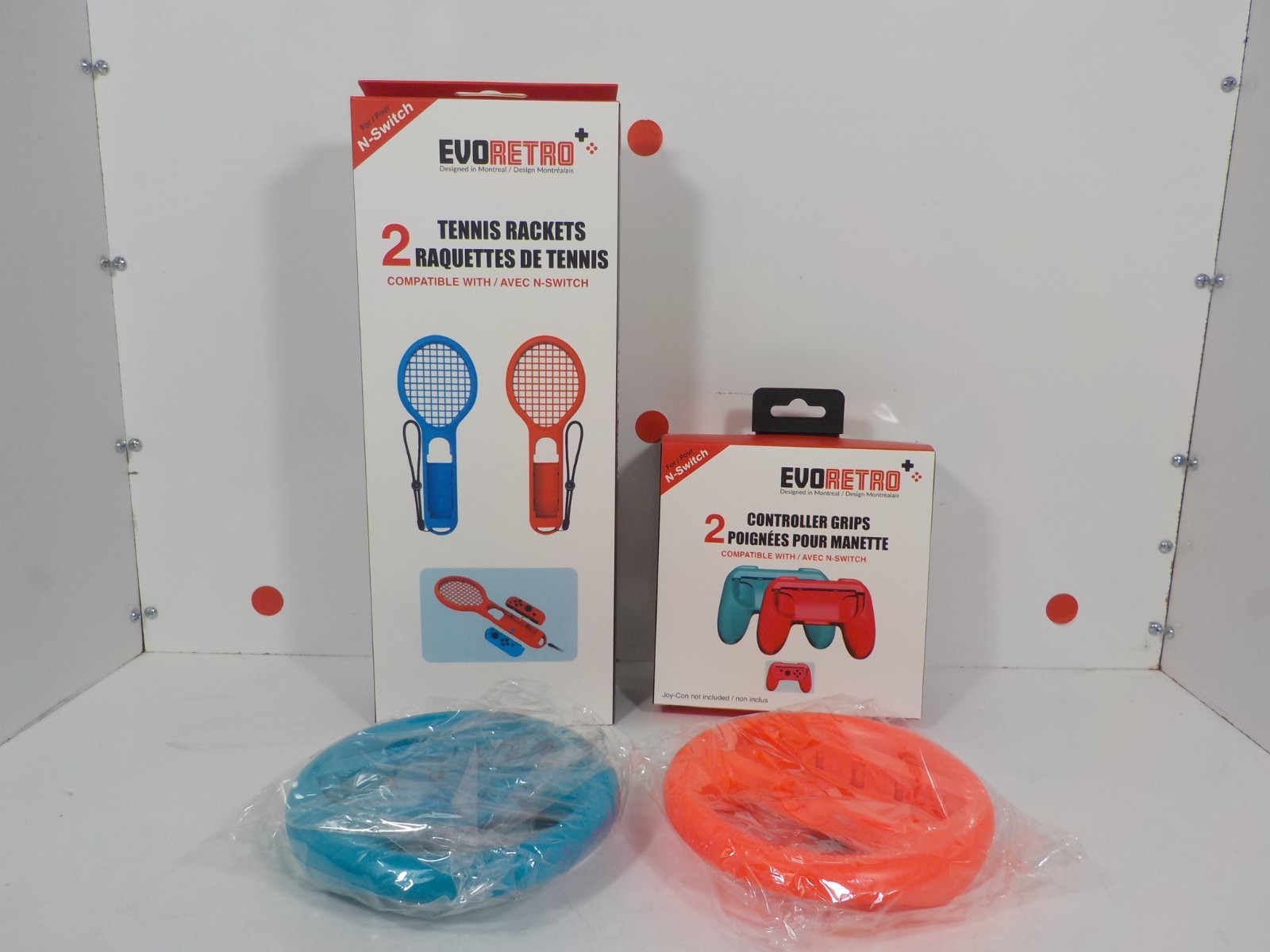 N A730 EVORETRO NINTENDO SWITCH ACCESSORY LOT STEERING WHEEL TENNIS RACKET GRIPS