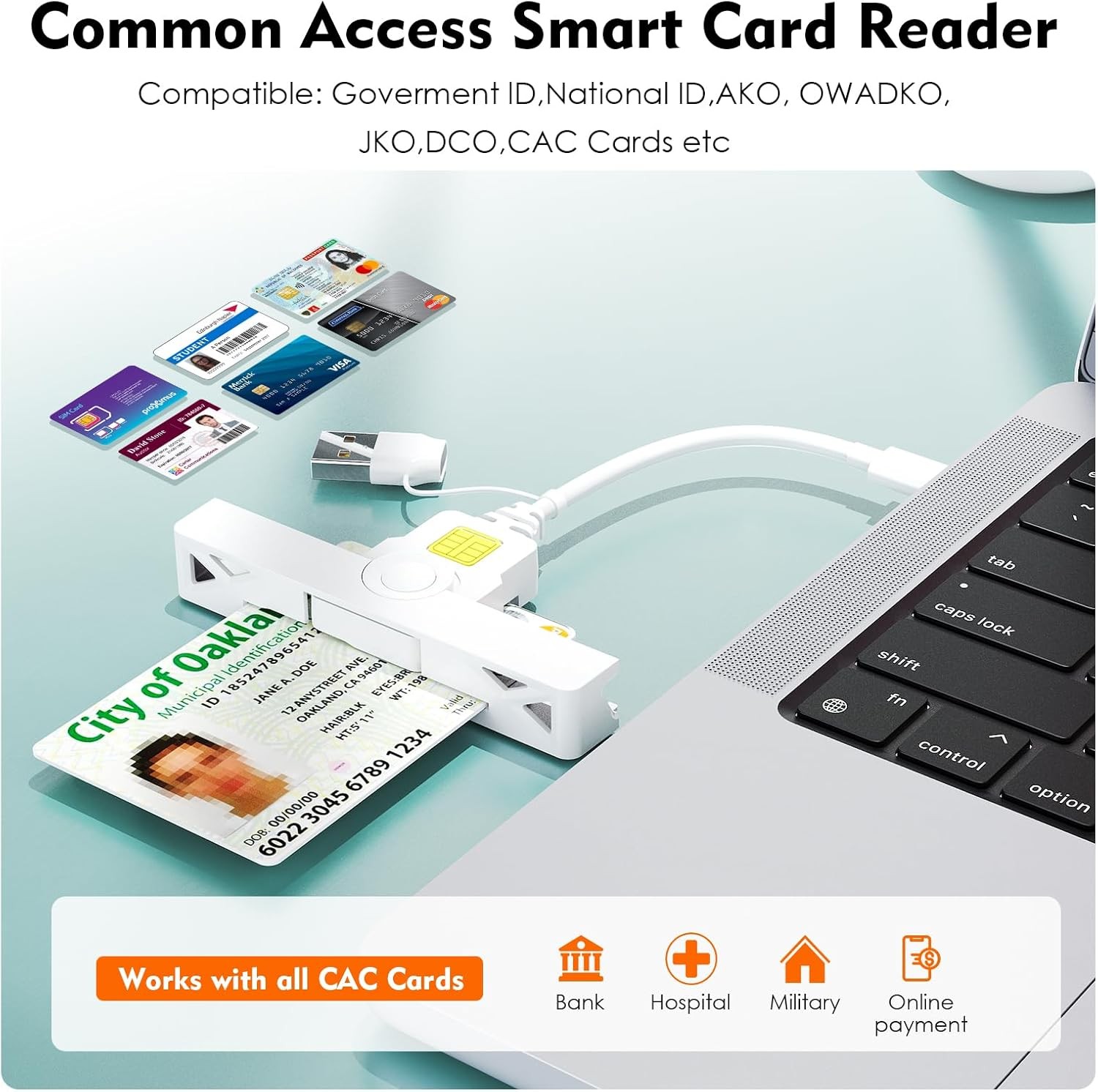 CAC Reader 2 in 1 Type C Dual Connector, DOD USB Common Access CAC Card