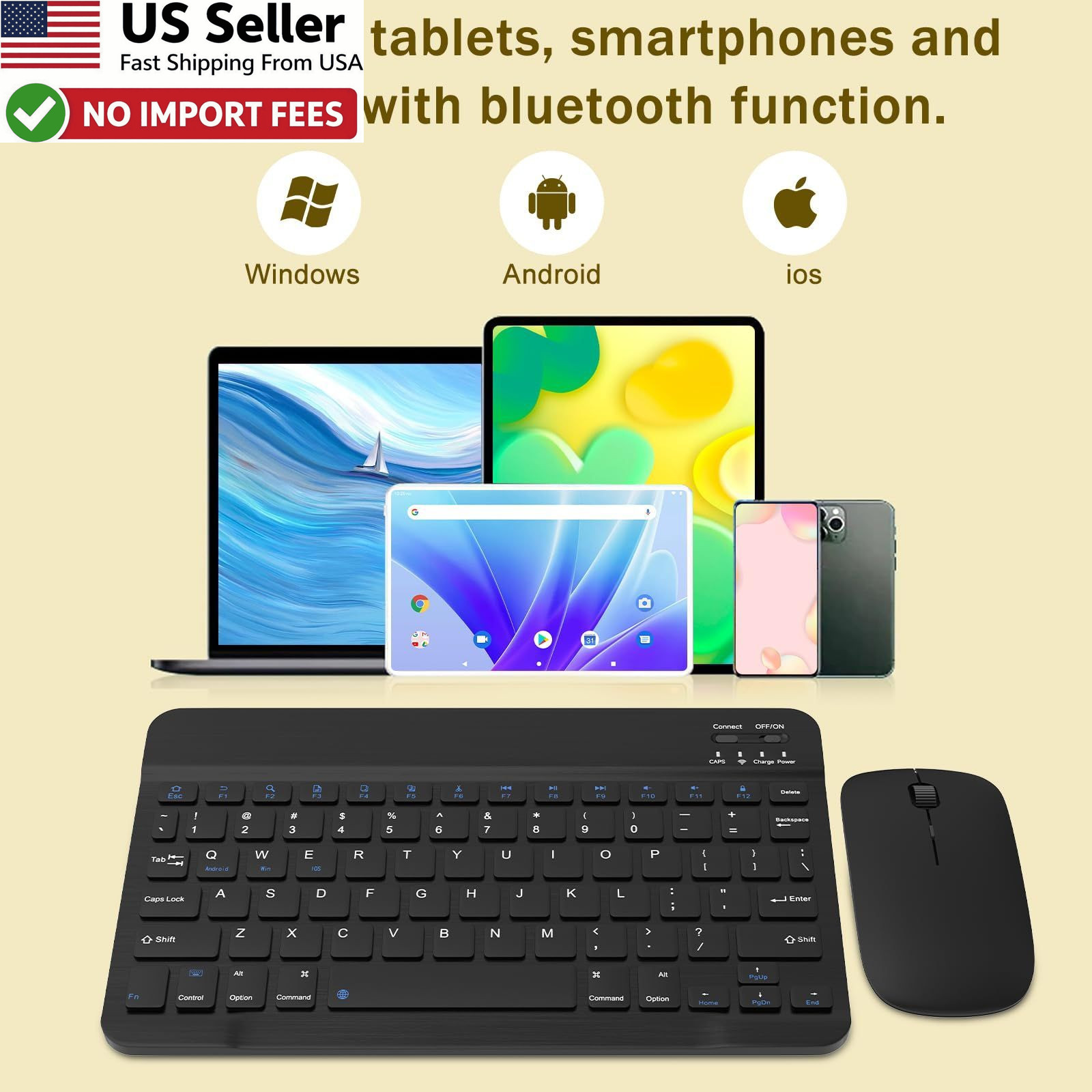 Rechargeable Bluetooth Keyboard Mouse Combo Ultra-Slim Wireless Black FROM USA