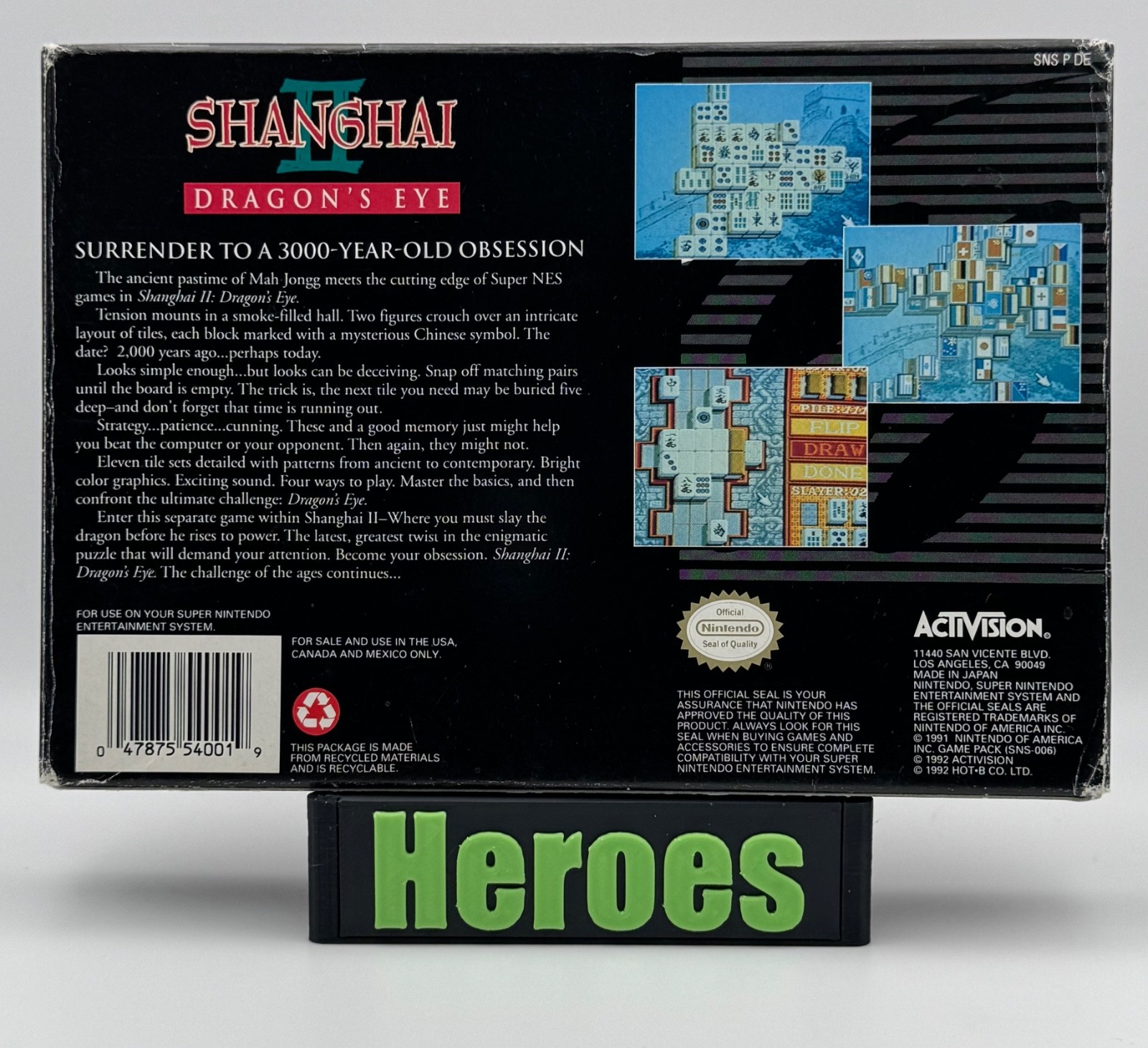 Super Nintendo SNES Shanghai II Dragon’s Eye, Game, Box, Verified Working