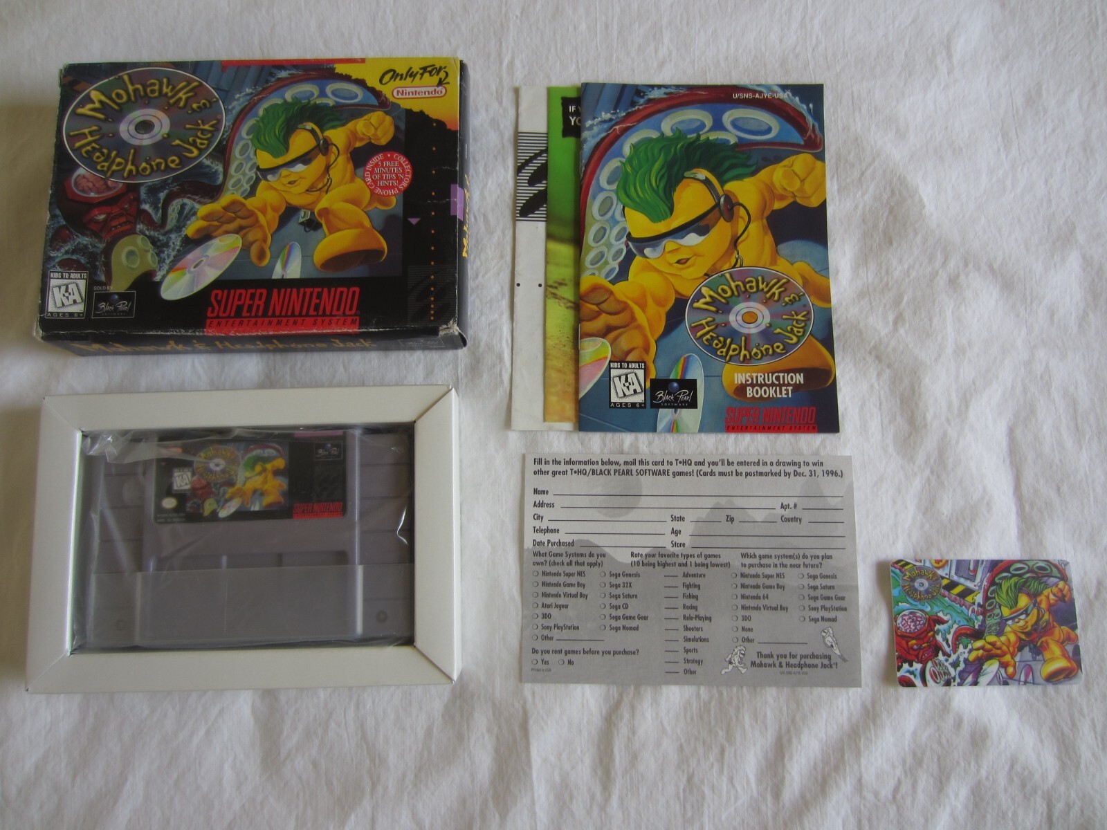 Mohawk and Headphone Jack SNES Super Nintendo CIB 100% Complete Phone Card RARE