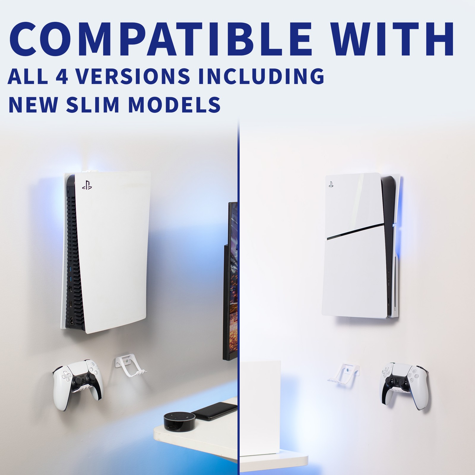 VIVO White Steel Wall Mount Designed for PS5 Console, 2 Controller Mounts