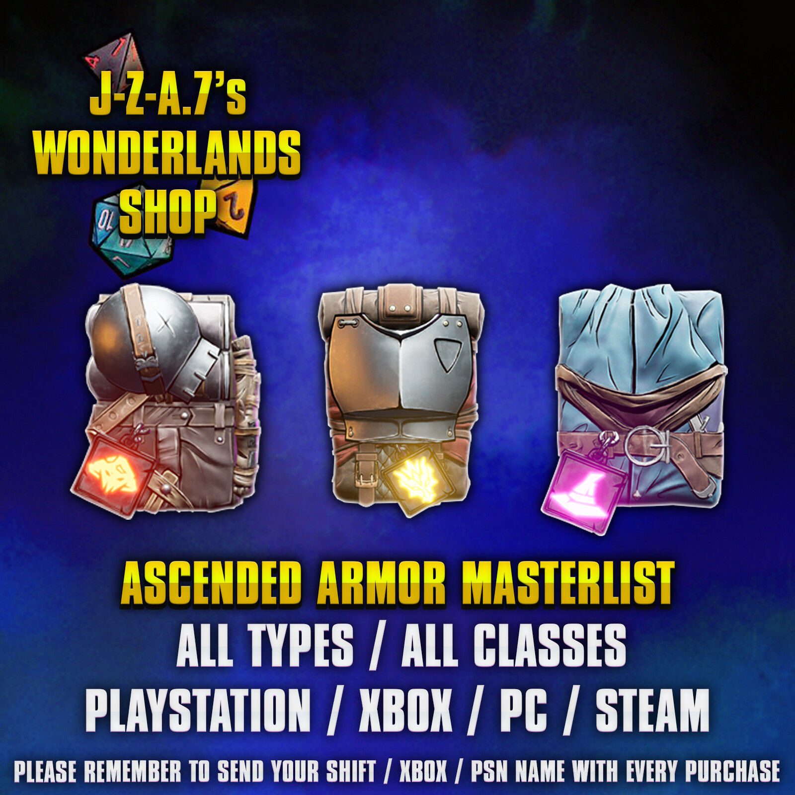 PS/XBOX/PC Tiny Tina’s Wonderlands ASCENDED ARMOR LIST GOD GEAR CUSTOM LEGIT