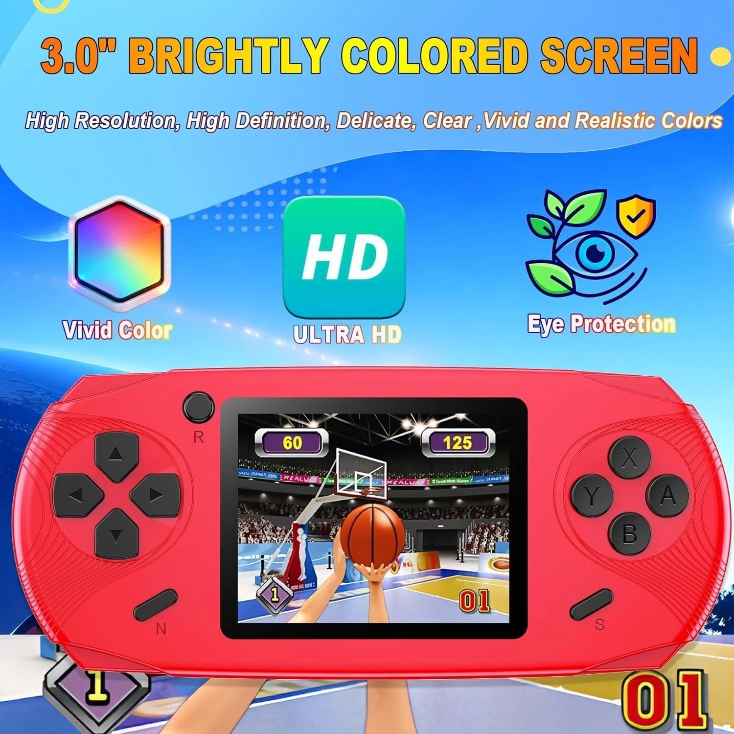16-Bit Handheld Game Console – 220 Retro Games – 3.0” LCD – Ideal Gift in Red