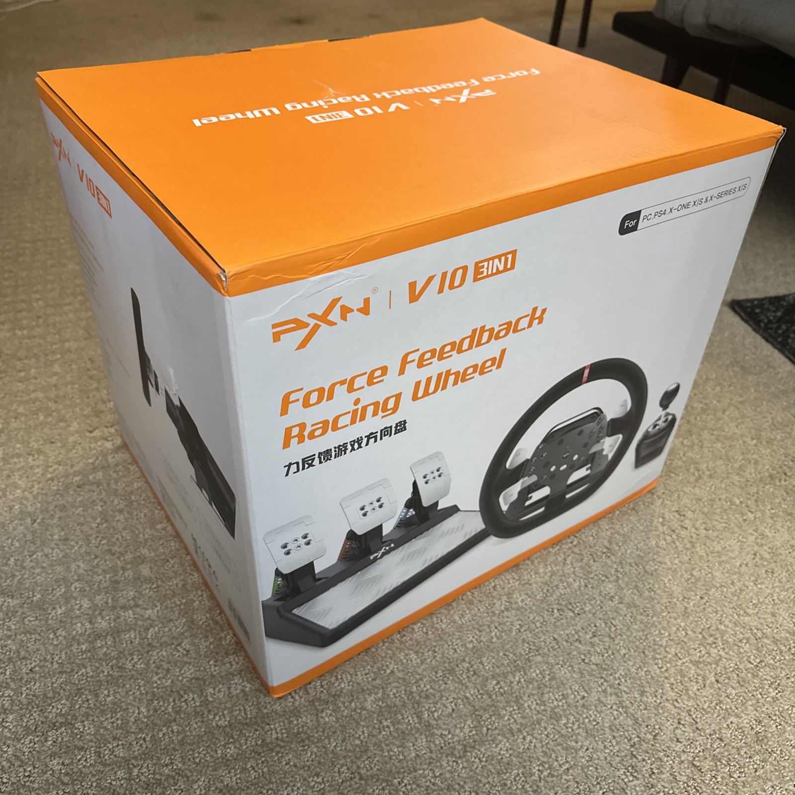 PXN V10 Force Feedback Racing Wheel Pedals Shifter PC Xbox PS4 Used Once Box