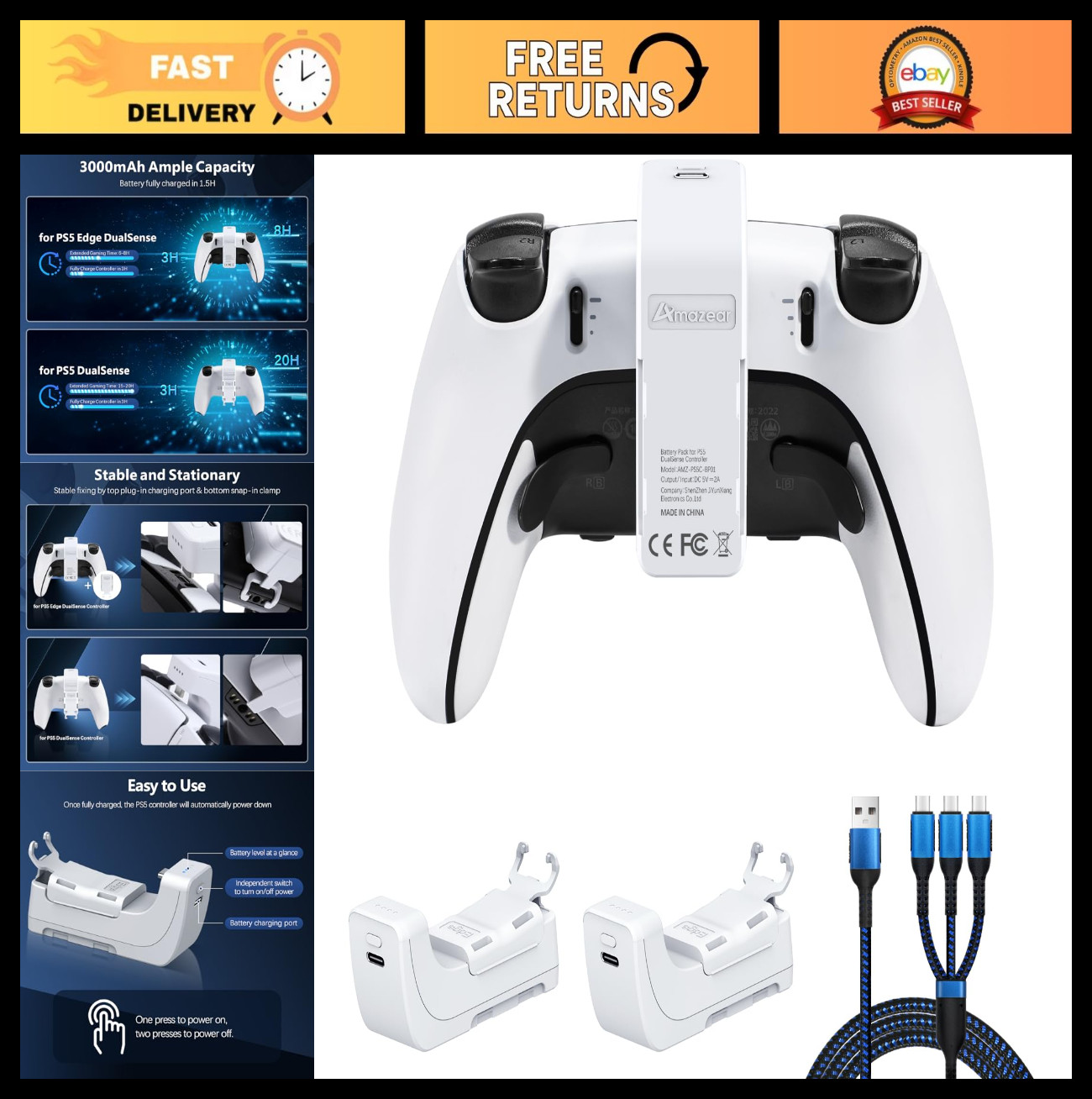 3000mAh Fast Charging Battery Pack for PS5 DualSense Controllers – 2 Pack, White