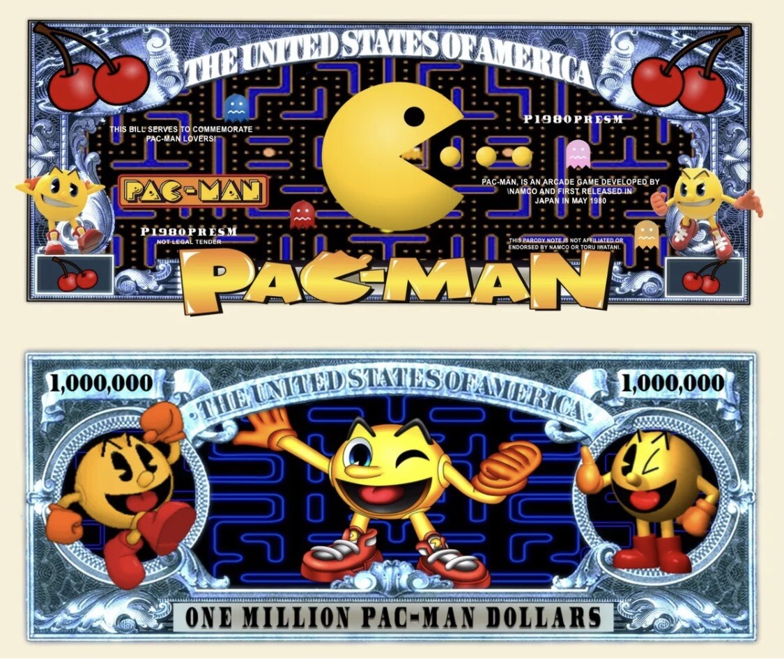 Pack of 5 Pac-Man Arcade Game 1 Million Dollars Collectible Novelty Money