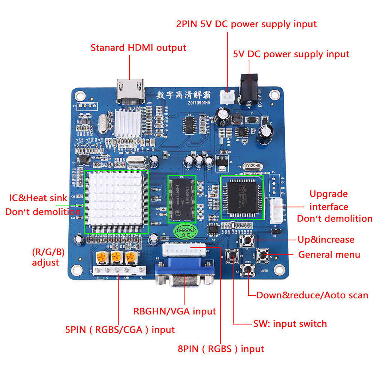 DC 5V/2A HD Video Output Converter Board VGA/RGB/CGA/EGA/YUV for Arcade