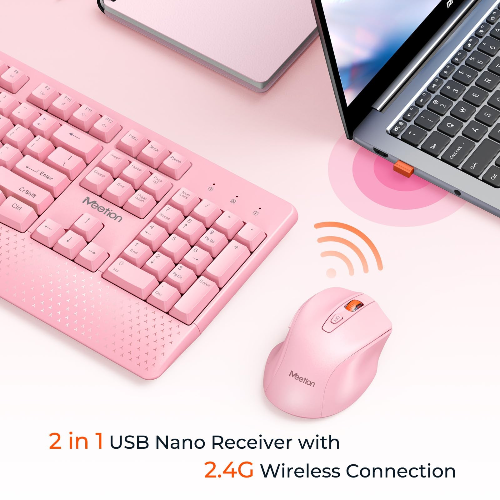 MEETION Wireless Keyboard and Mouse, Full-Sized Cordless with Pink