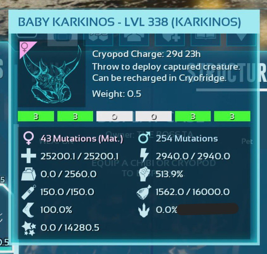 ARK ASCENDED PVE OFFICIAL PAIR BABY KARKINOS GREEN 25K HP 2.5K WEIGHT 513 MELEE