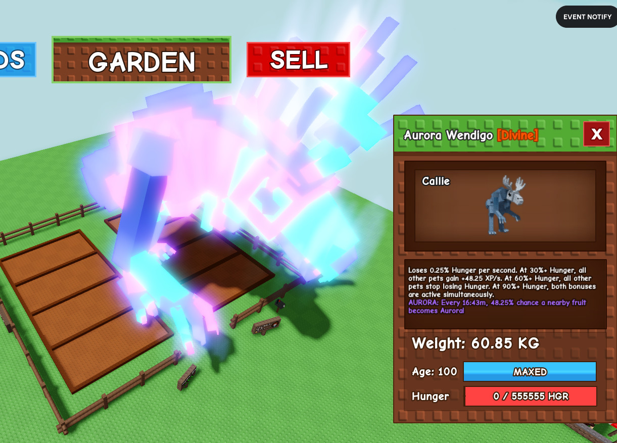 Huge Aurora Wendigo 60.85Kg! – Grow A Garden Pets – Roblox – Fast & Easy!