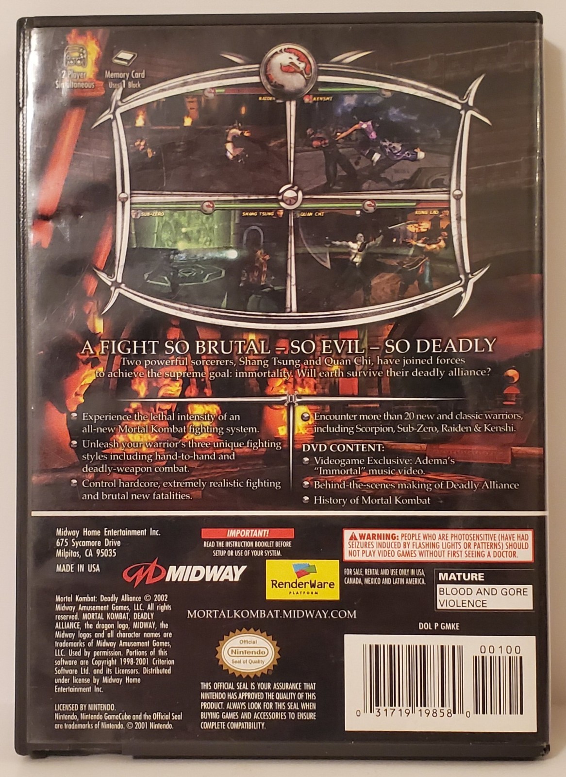 🔥Mortal Kombat Deadly Alliance Nintendo GameCube M-Mature Tested W/ Manual 2002