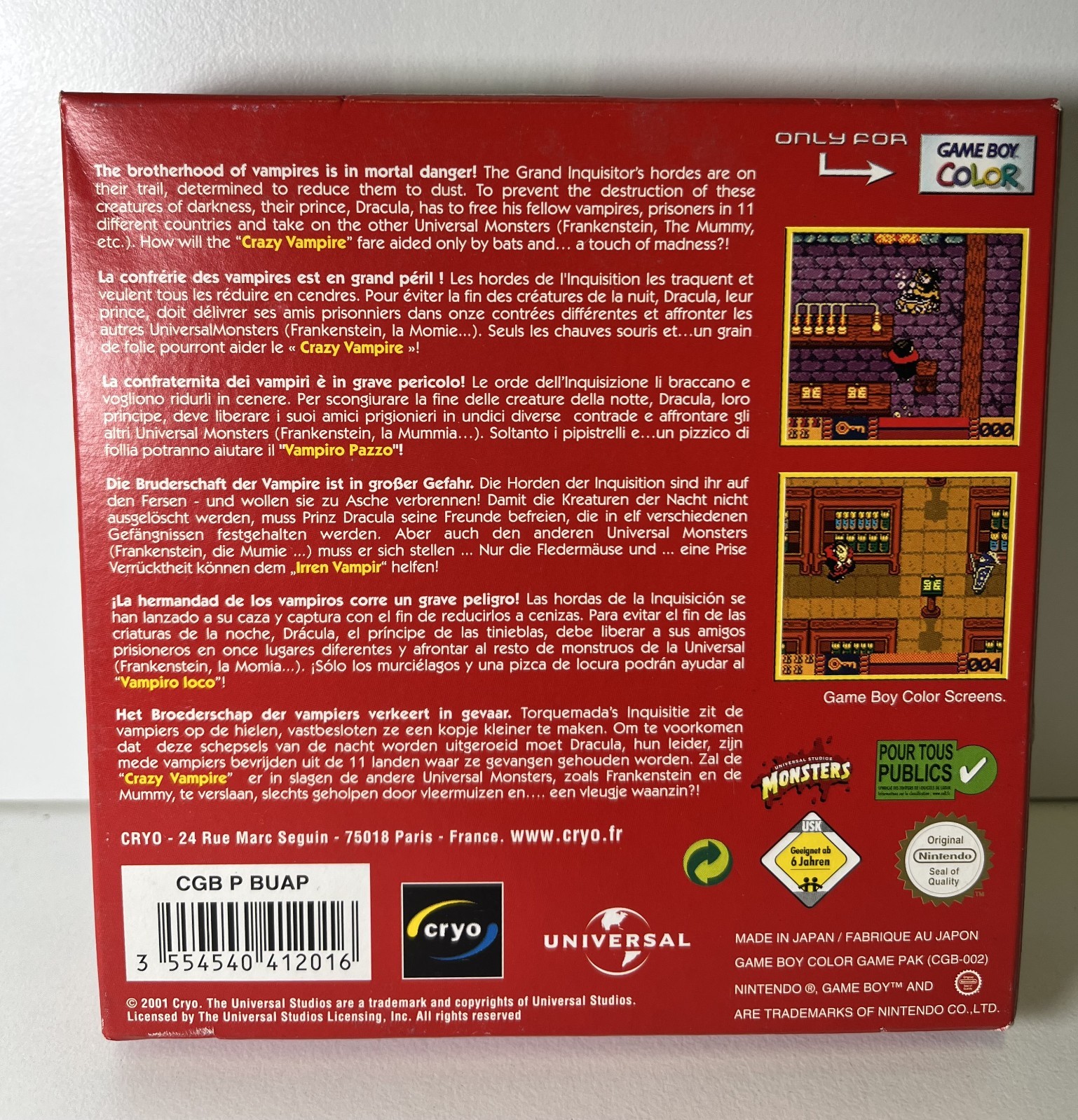 UNIVERSAL MONSTERS DRACULA CRAZY VAMPIRE NINTENDO GBC NEW PAL 2001