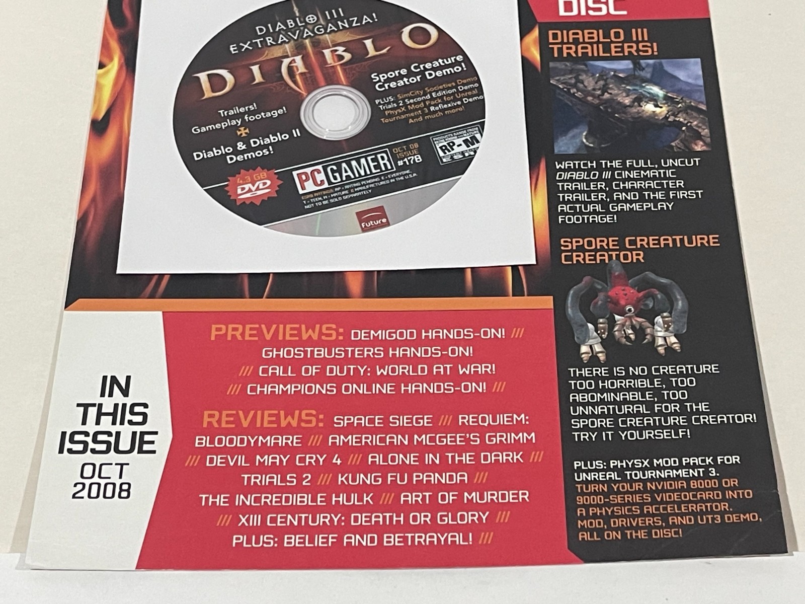 PC Gamer Demo Disc & Index Card Diablo 1 & 2 / Spore Creature Creator Oct 2008