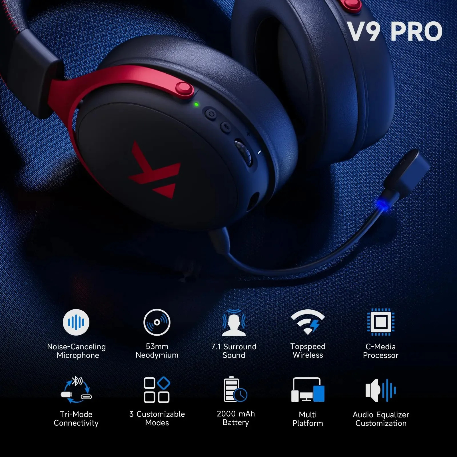 MCHOSE V9 Pro Wireless Gaming Headset 7.1 Surround Sound 250Hr Battery