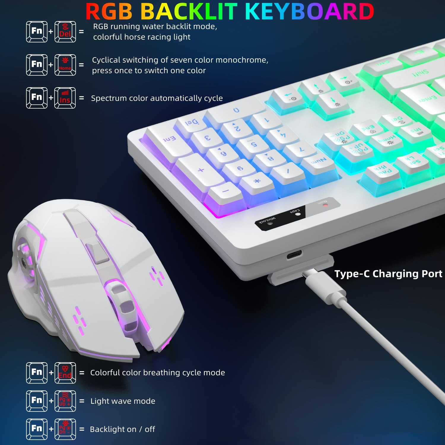 Wireless Gaming Keyboard and Mouse Combo – RGB Backlit, Rechargeable, White