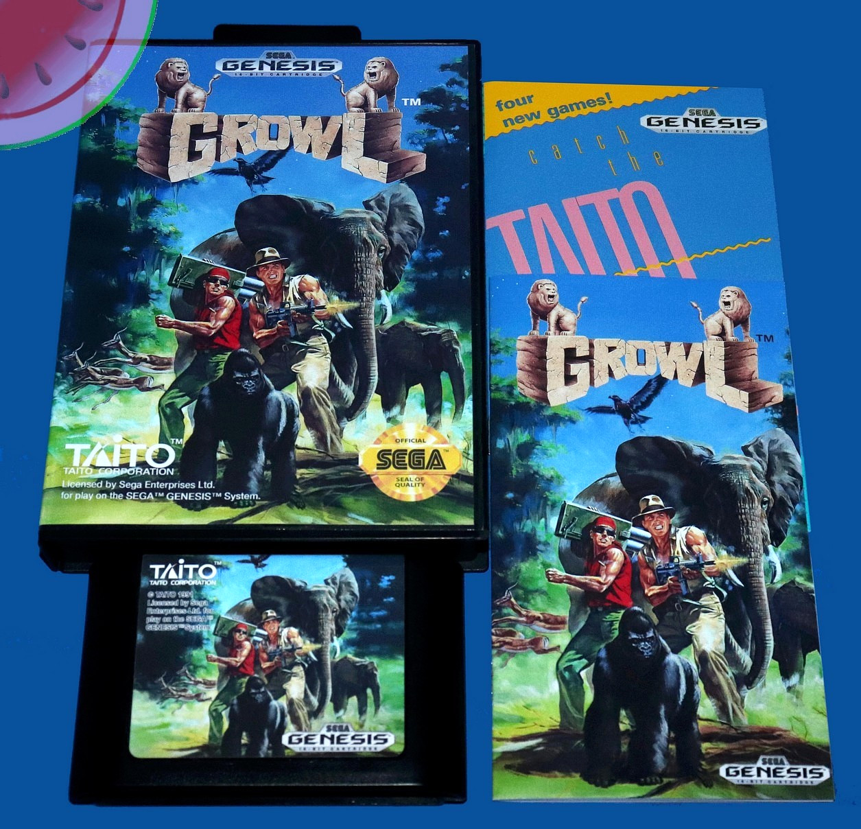 TESTED Sega GENESIS Game GROWL Beat Em Up with NEW Case, Manual, Taito Wave Ad