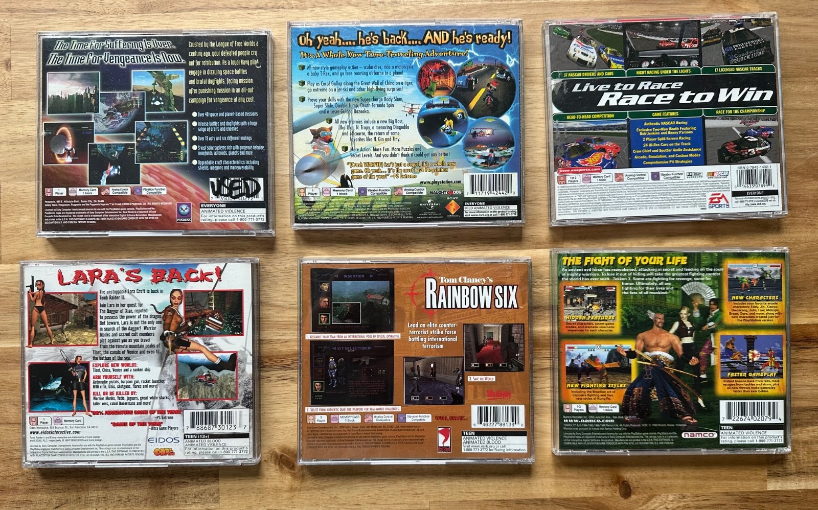 PS1 6 Game Lot Tomb Raider II, Tekken3, Rainbow6, Crash, Nascar, Colony Wars