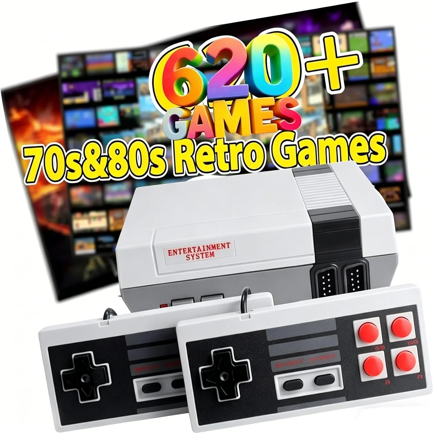 Retro 8-Bit Game Console AV Plug & Play 620 Built-In Games 2 Wired Controllers