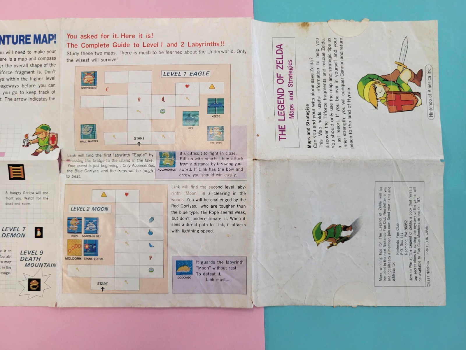 Vtg 1987 LEGEND OF ZELDA Nintendo NES Original Maps & Strategies Fold-Out Insert