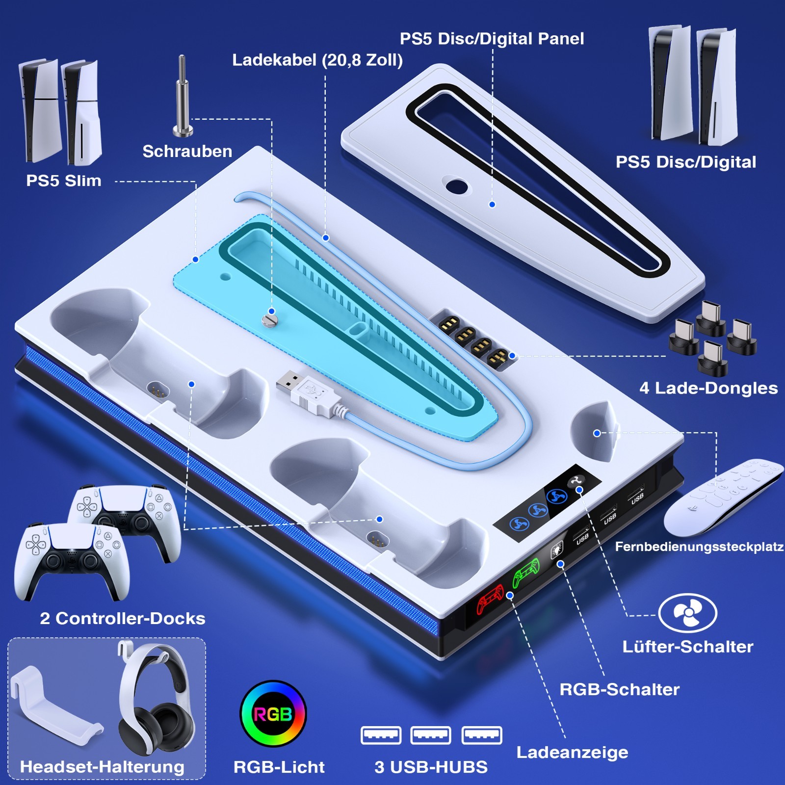 PS5 Slim Controller Charger Station Vertical Cooling Fan Stand For Playstation 5