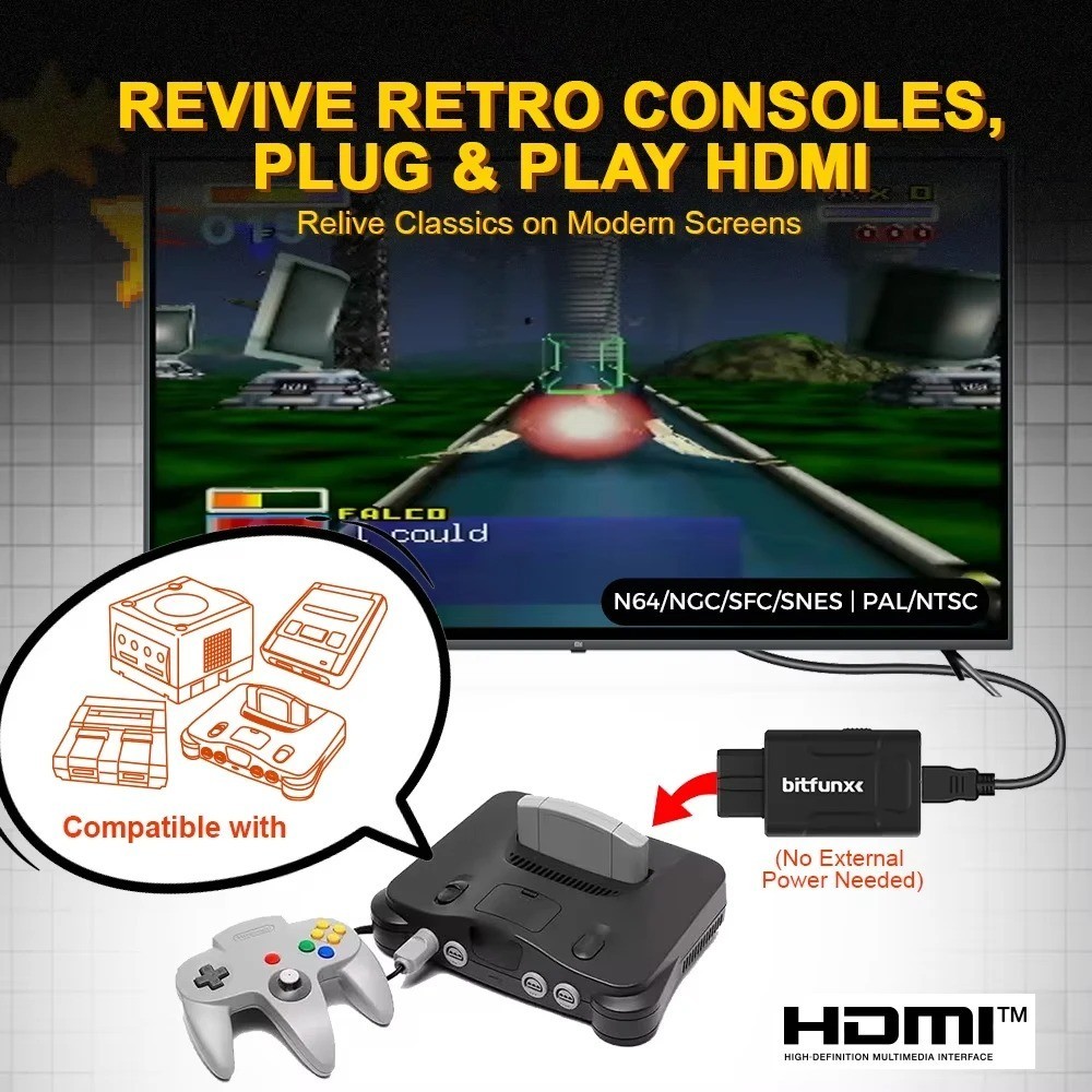 Bitfunx N64 HDMI Adapter 720P 1080P HD Converter Upscale N64 SNES SFC GameCube