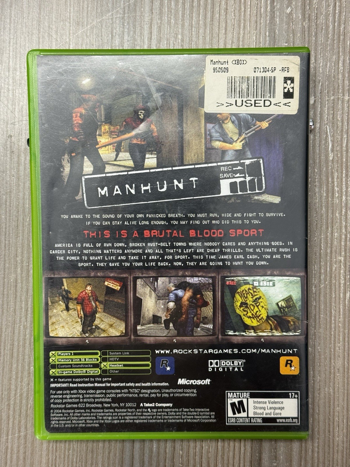 Manhunt (Microsoft Xbox, 2004) Complete in Box with Manual & Reg Card Resurfaced
