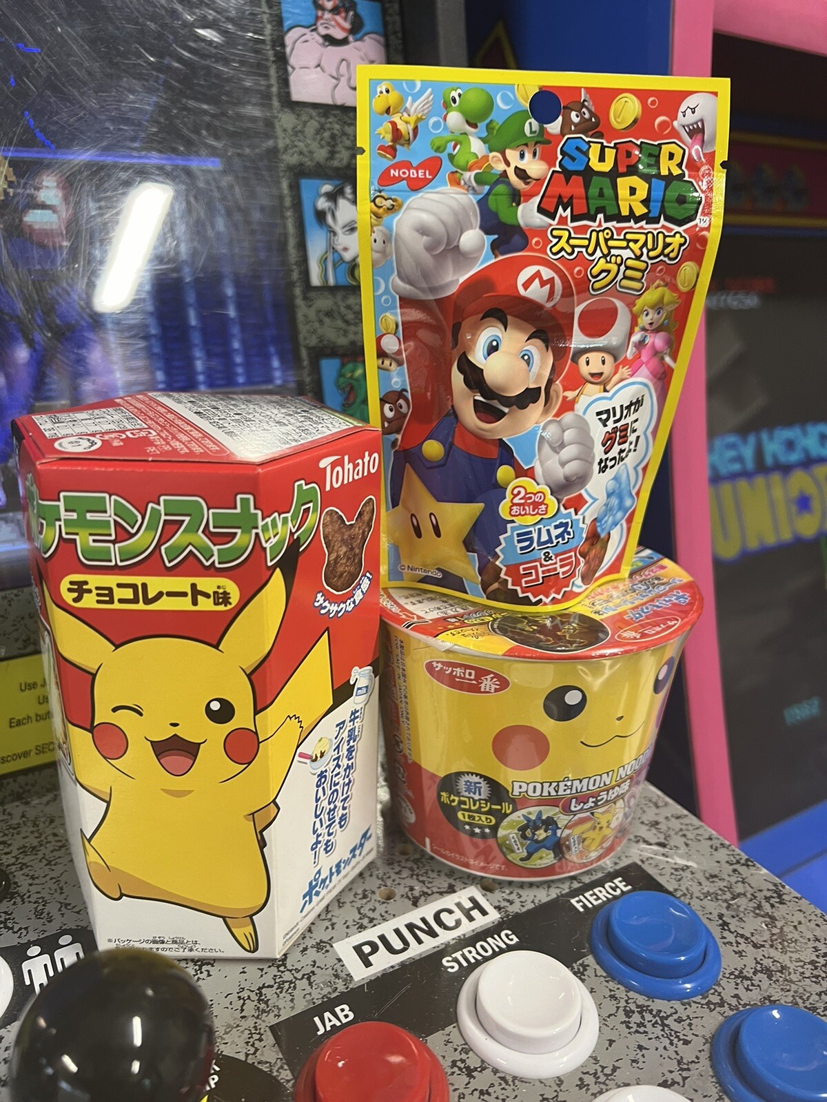 Lot of 3 JP Food Collectibles: Pokemon Noodles + Pikachu Candy + Mario Gummies
