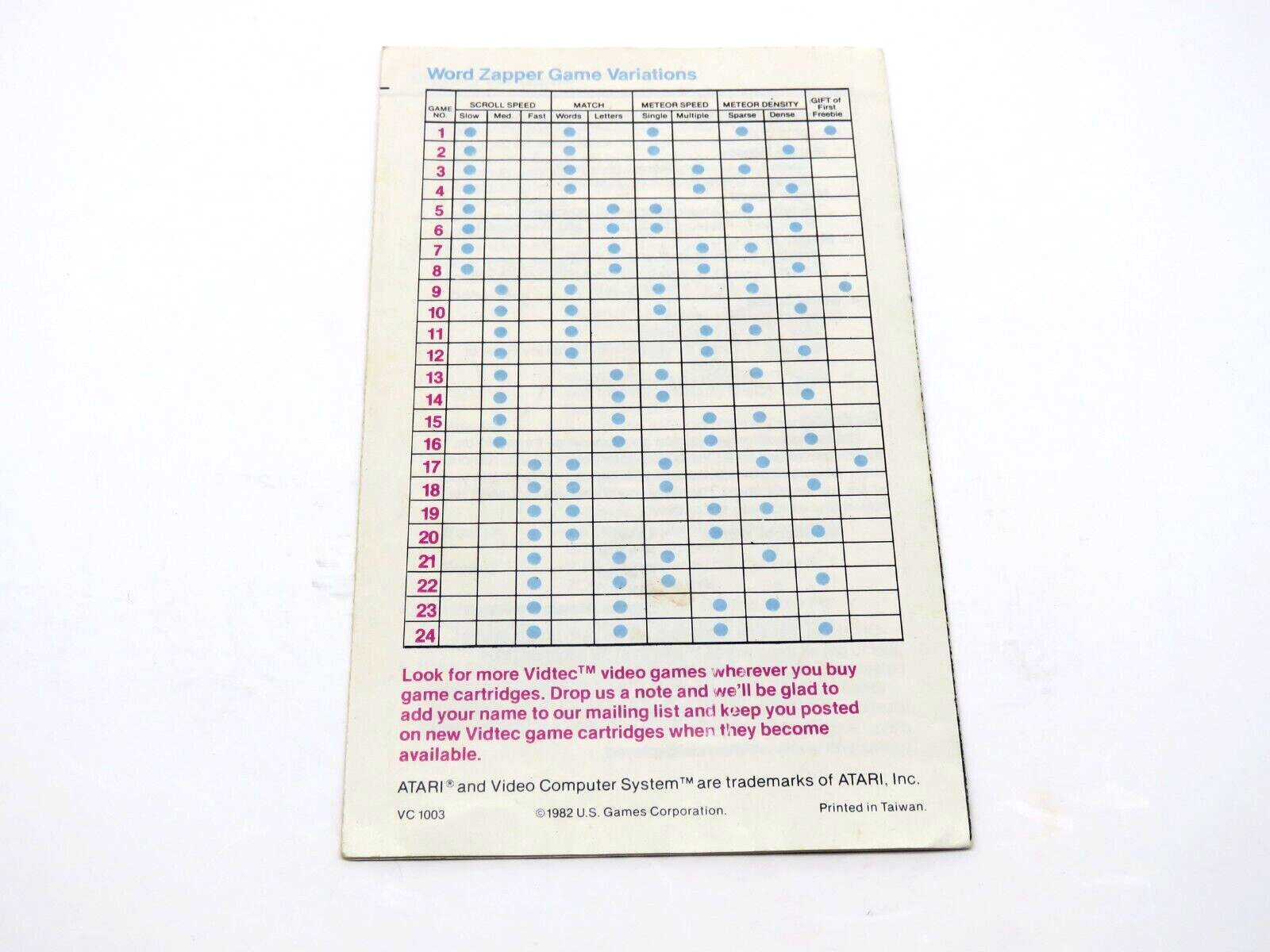 Word Zapper (Atari 2600, 1982) By US Games Vidtec (Box, Cartridge & Manual) NTSC